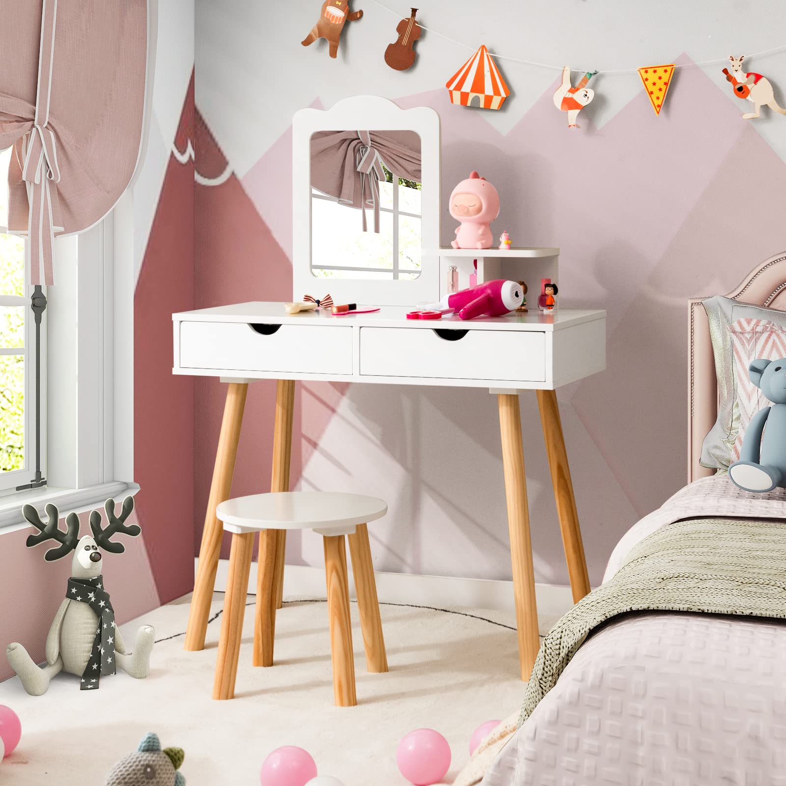 Costzon Kids Vanity Set with Mirror & Stool - White Wooden Princess Makeup Dressing Table for Girls, 2 Large Drawers & Storage Shelf, Pretend Play Vanity Table & Chair Set for Toddlers - Perfect for Bedroom Decor, Birthday Gifts & Role Play Activities