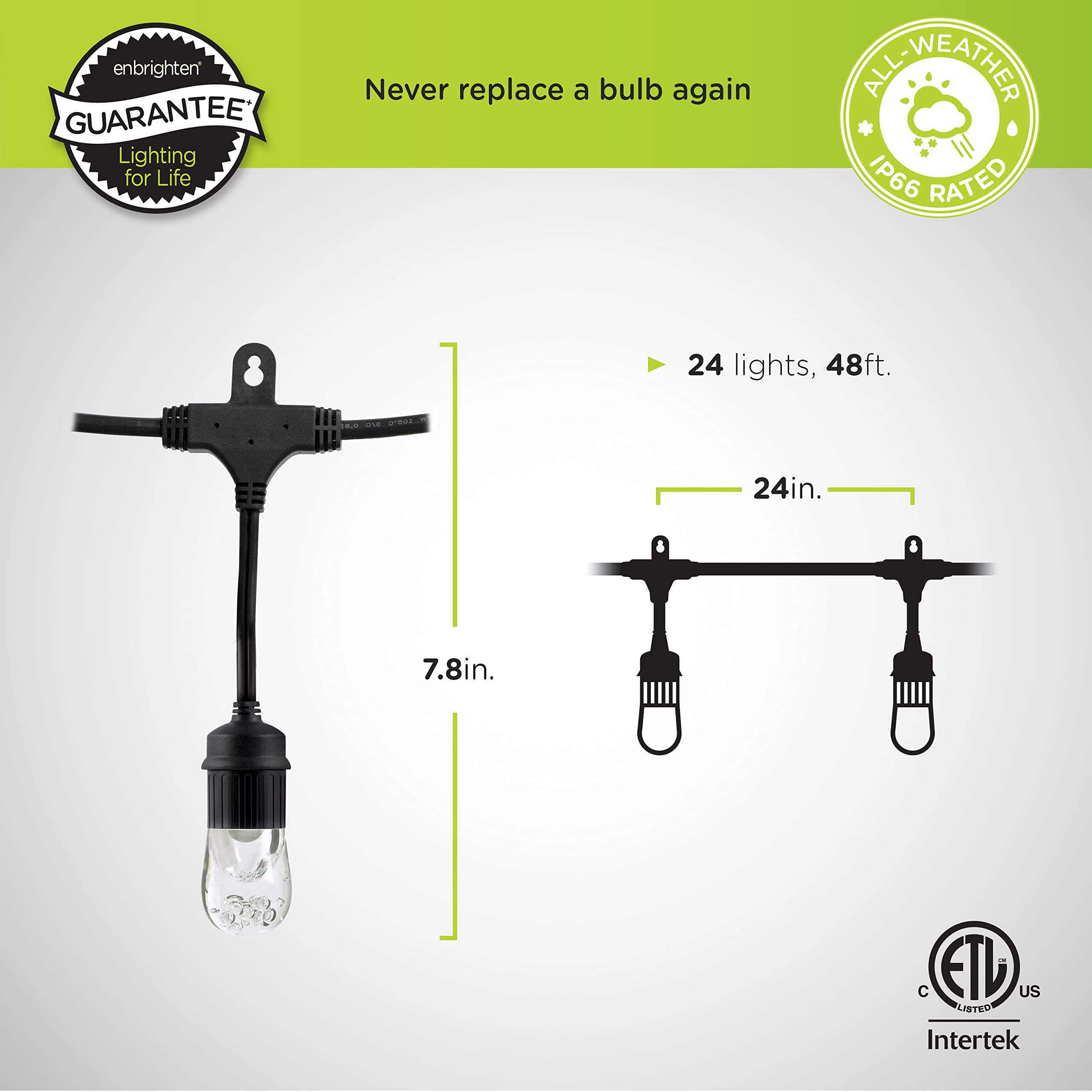 Enbrighten 48ft Black Outdoor String Lights with 24 Shatterproof Acrylic Bulbs - Classic Warm White Weatherproof LED Lights for Patio, Garden, Backyard & Wedding Decor