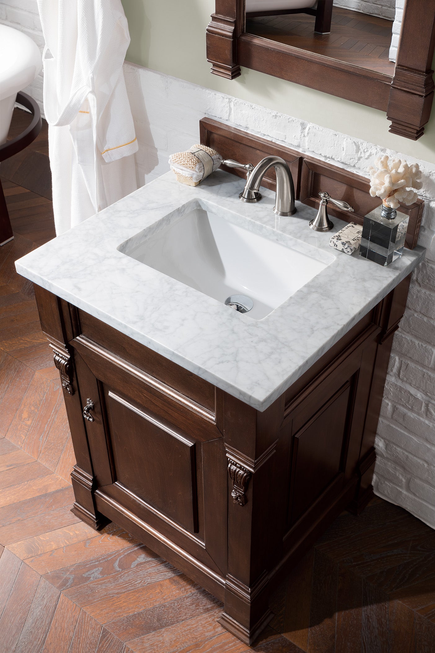 Brookfield 26 Inch Single Bathroom Vanity with Burnished Mahogany Base & 3CM Carrara Marble Top - Perfect for Modern Bathroom Renovations and Small Space Designs