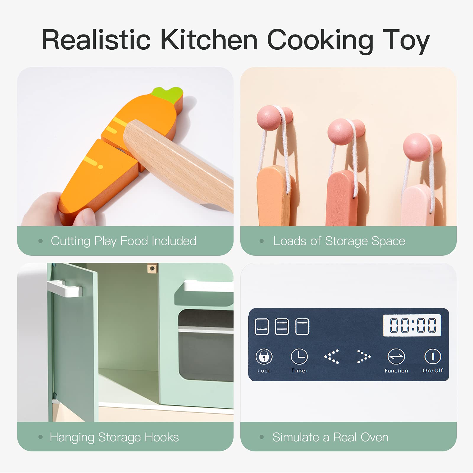 ROBOTIME Wooden Play Kitchen Toy Set for Kids Ages 3-8 - Realistic Pretend Chef Cooking Playset with Utensils for Toddlers & Preschoolers (Green) | Pretend Play, Birthday Gift, Daycare Learning Activity