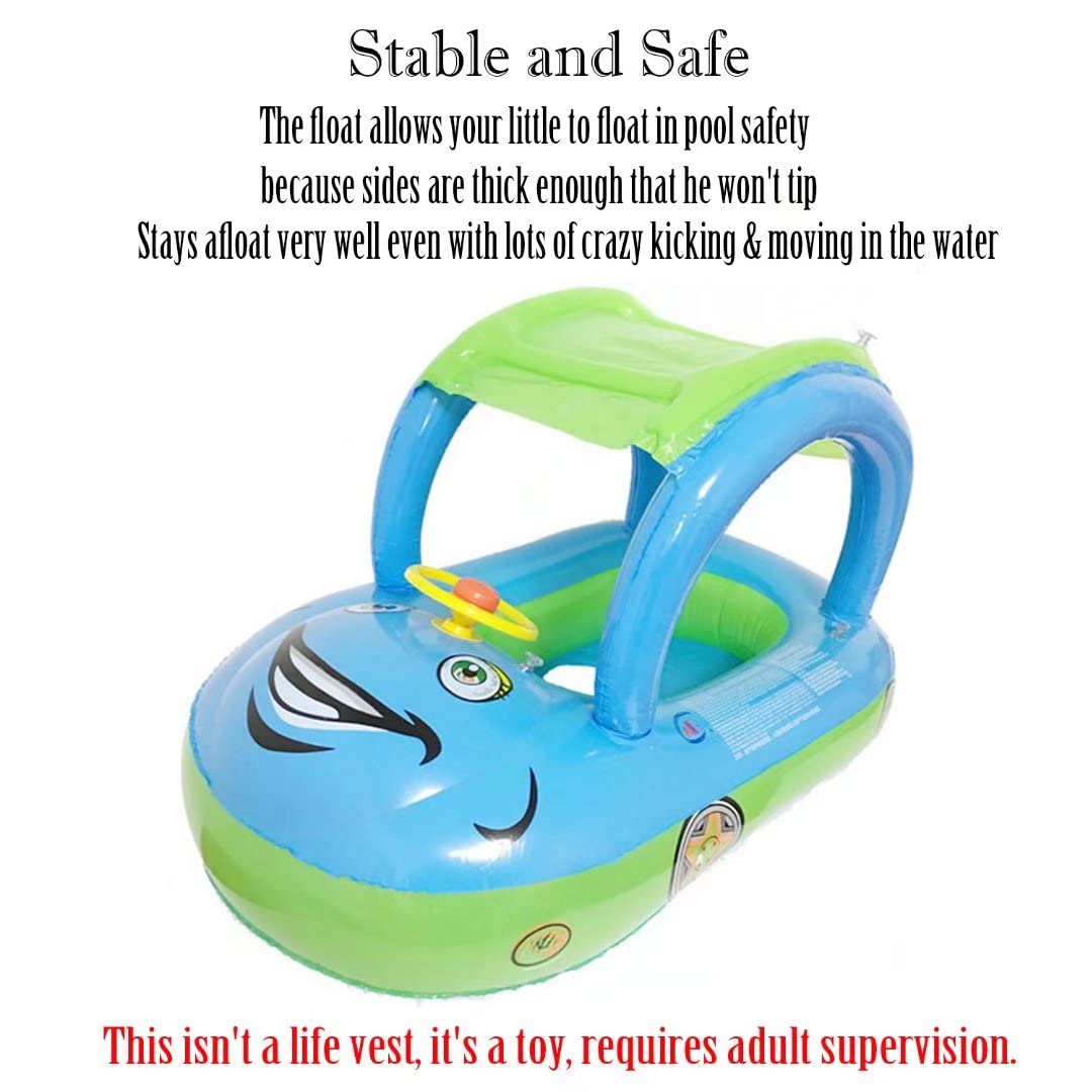 Inflatable Baby Pool Float with Canopy & Steering Wheel - Sunshade Swim Ring Boat for Toddlers & Kids - Perfect for Summer Swimming, Beach Trips and Backyard Pool Fun