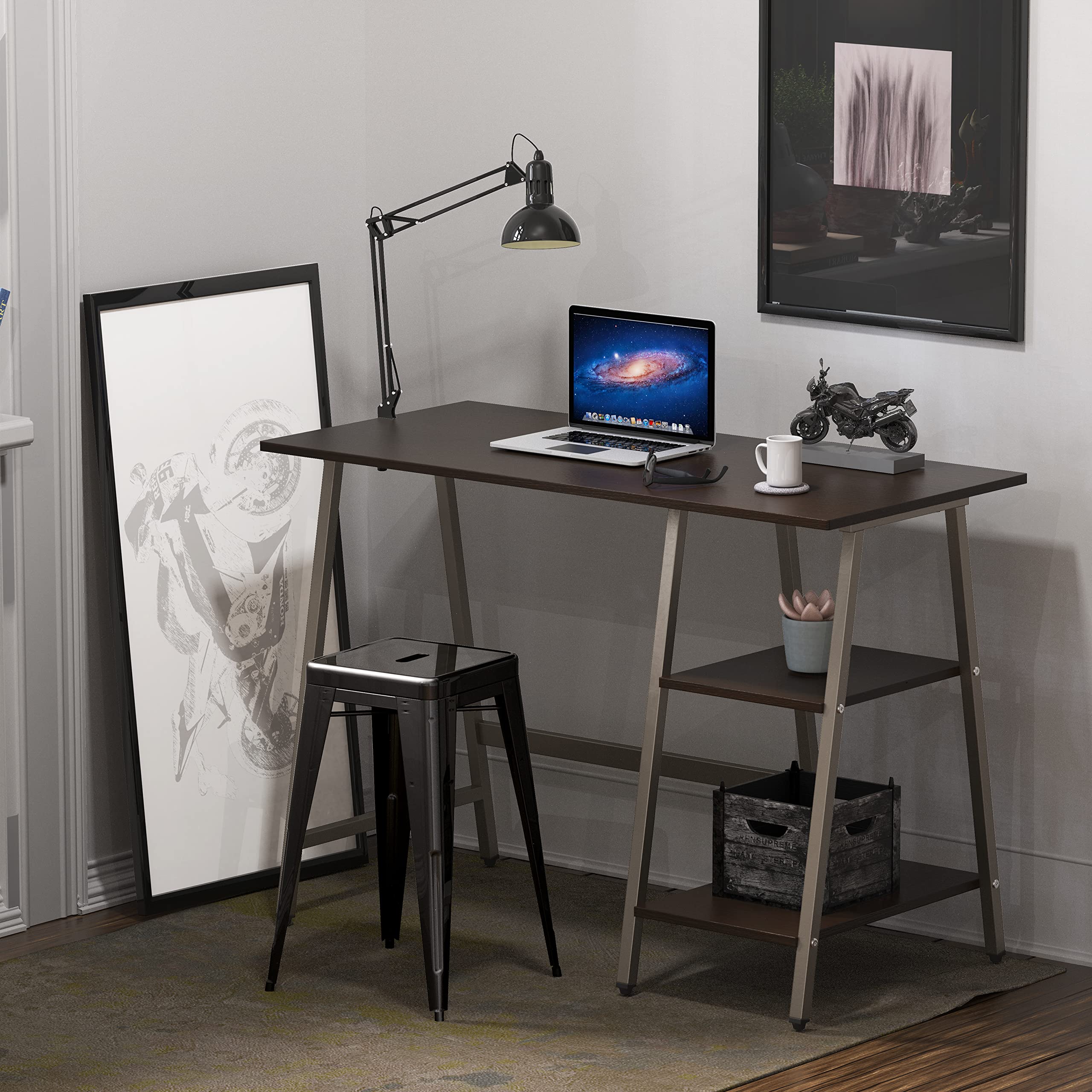 SHW Trestle Home Office Computer Desk - Espresso Brown Wooden Writing Table for Small Spaces, Study & Work from Home | Sturdy & Modern Design for Office, Bedroom or Dorm Room
