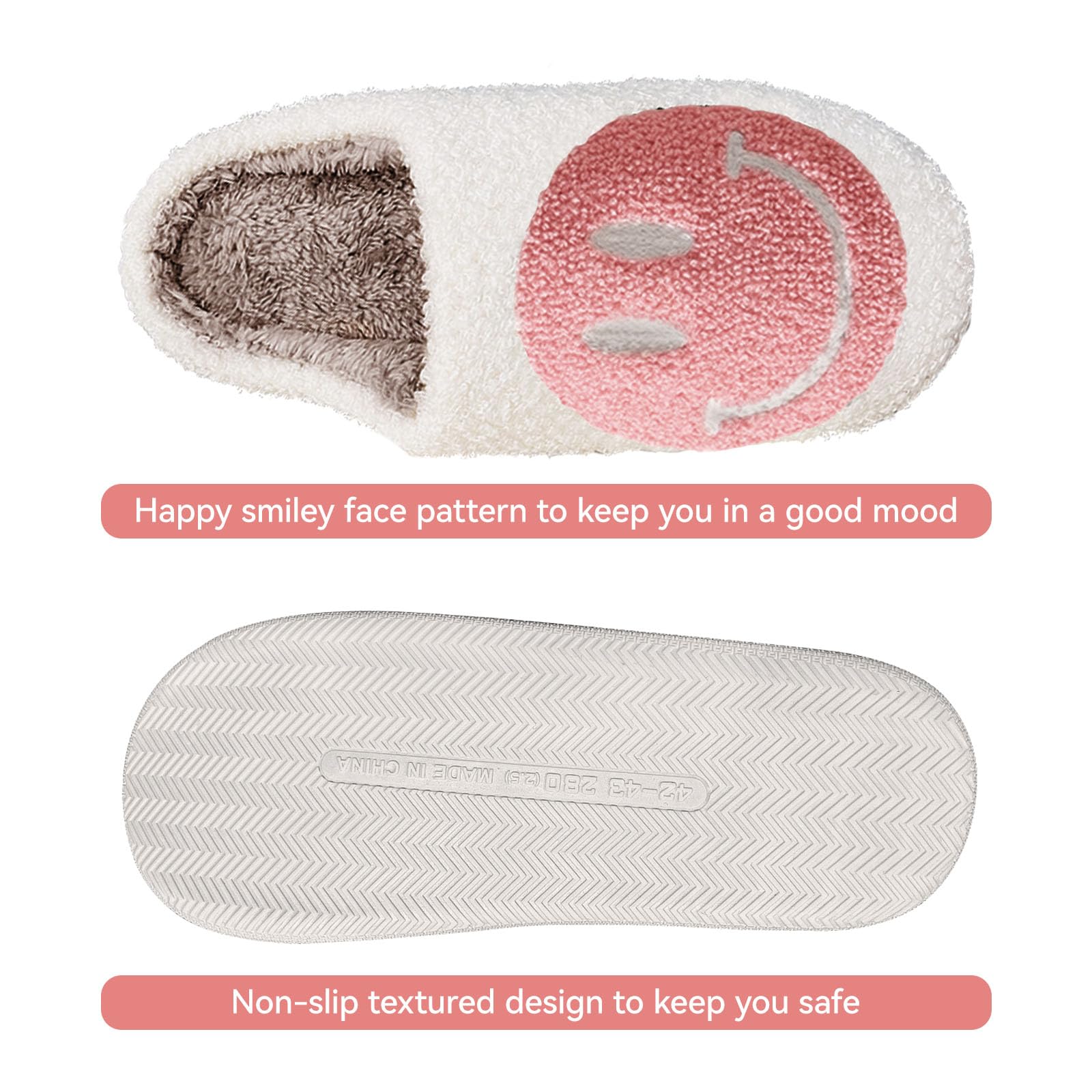 Beishani Happy Face Slippers for Women - Retro Smiley Plush House Shoes - Soft & Warm Indoor/Outdoor Slip-On Slippers - Perfect for Lounge, Dorm, Spa & Home Comfort