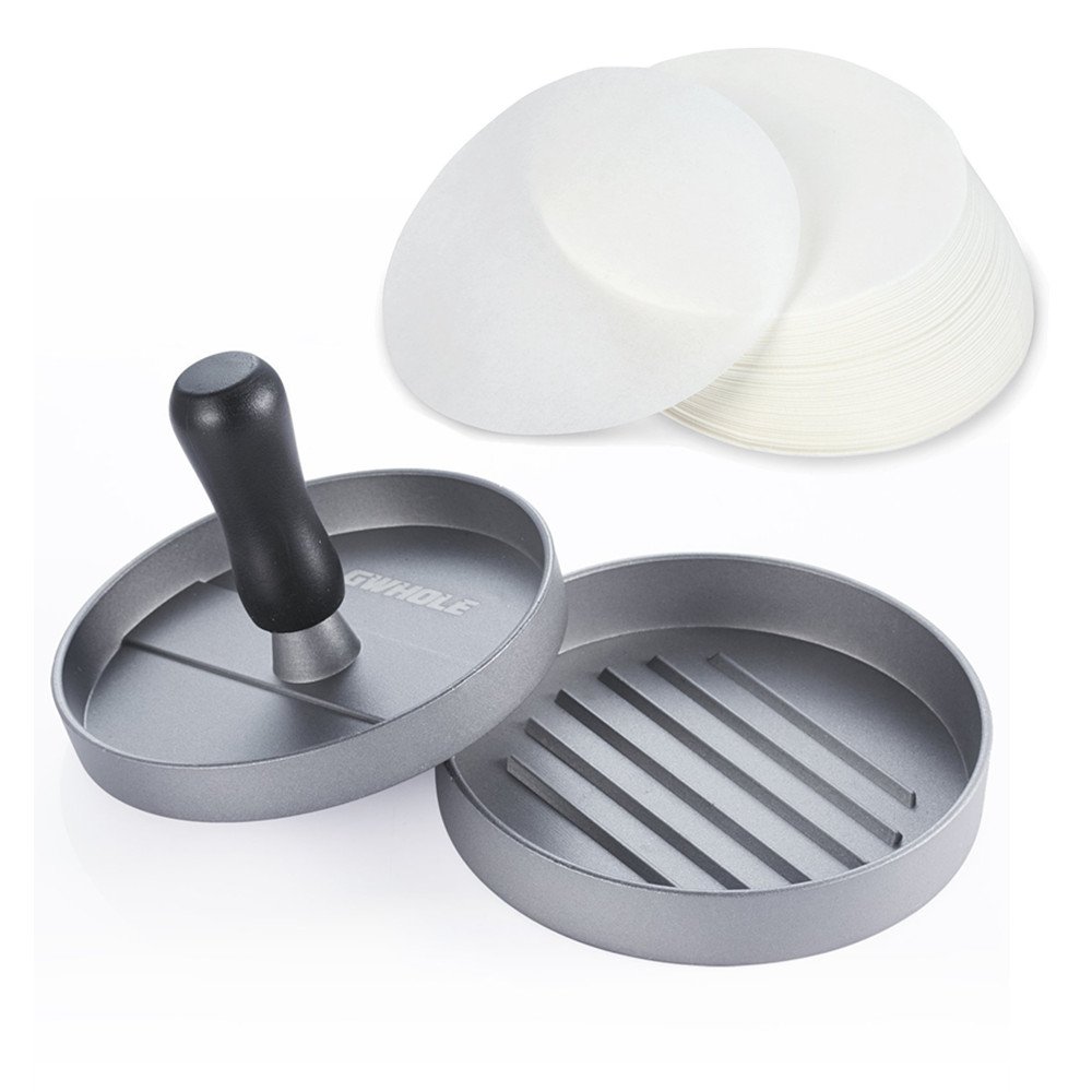 GWHOLE Non-Stick Hamburger Press Maker with 100 Wax Discs - Perfect for BBQ, Grilling, and Homemade Burgers - Ideal for Backyard Parties, Camping, and Outdoor Cooking