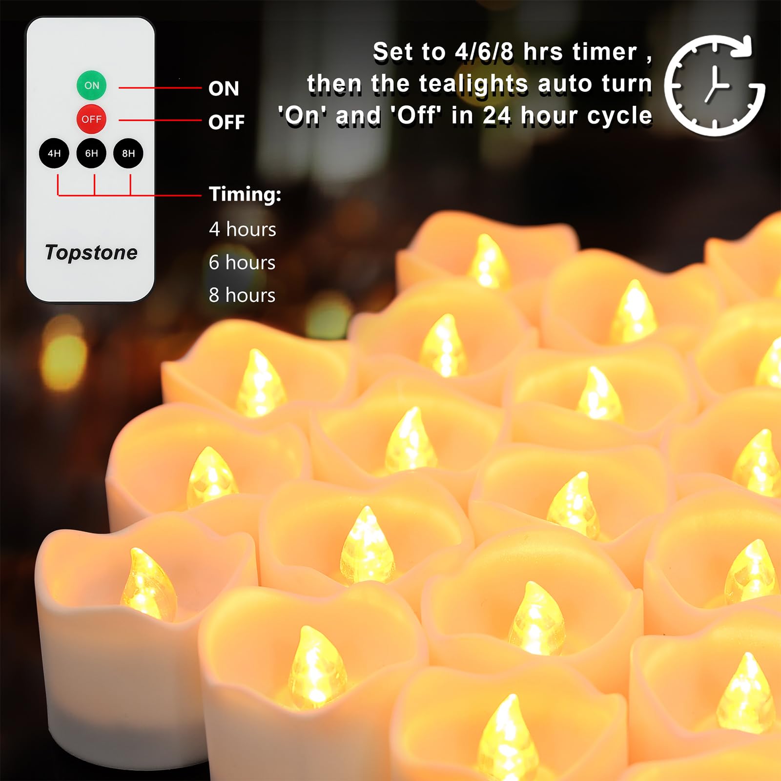Topstone Flameless LED Tea Light Candles - 12 Pack with Remote Control & Timer, Battery Operated Amber Decorative Candles for Home, Wedding, Christmas, and Festival Decorations - Safe & Realistic Flickering Effect