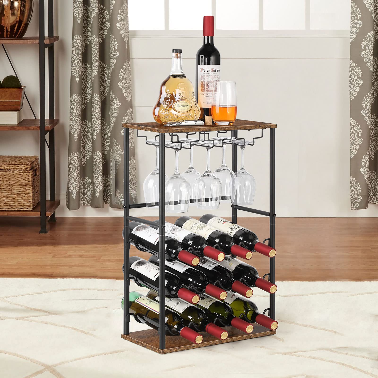 Industrial Wood & Metal Wine Rack - Countertop Wine Bar Cabinet with Glass Bottle Holder for Home, Kitchen, Bar & Dining Room - Perfect for Wine Storage, Display & Entertaining