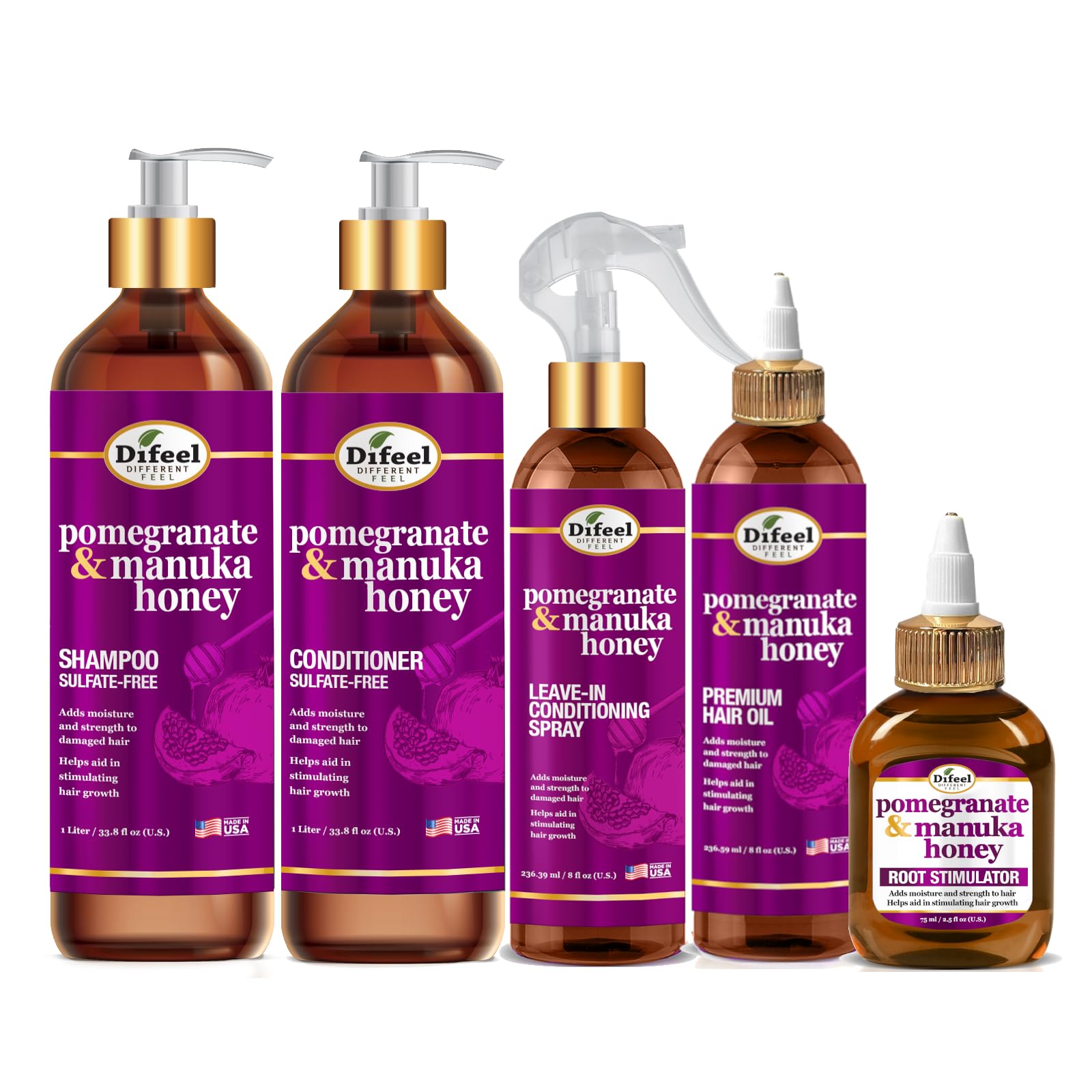 Difeel Pomegranate & Manuka Honey Shampoo & Conditioner Set - 5 Piece Hair Care Kit with 33.8oz Shampoo, 33.8oz Conditioner, 8oz Leave-In Spray, 8oz Hair Oil & 2.5oz Root Stimulator for Dry, Damaged Hair - Deep Hydration & Repair Treatment for Curly, Natural & Color-Treated Hair