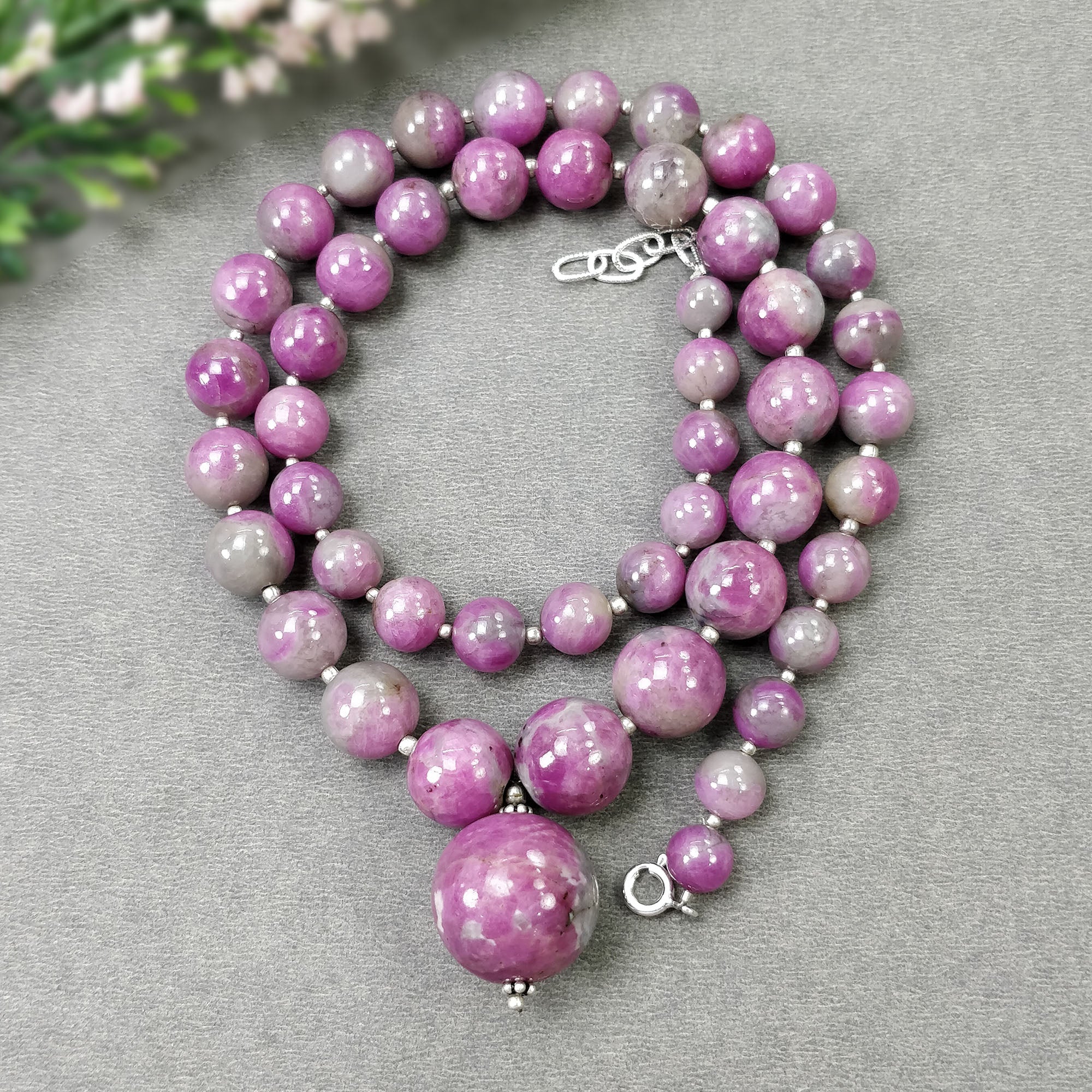Natural Untreated Bi-Color Zoisite Ruby Gemstone Necklace - 437.35cts Genuine Ruby Balls with 925 Sterling Silver (7.5mm-21mm) | Elegant Jewelry for Women, Perfect for Weddings, Parties & Special Occasions