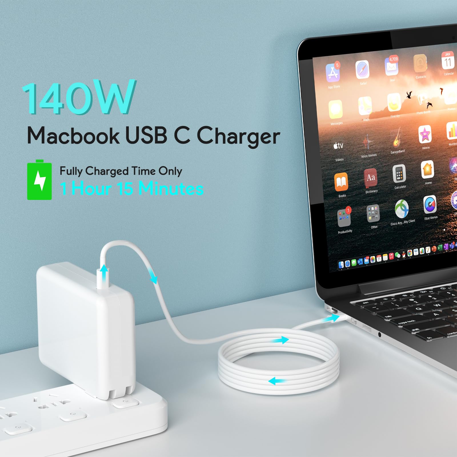 140W USB C Fast Charger for MacBook Pro & Air, iPad Pro, Samsung Galaxy - 6.6ft USB-C to C Cable Included - Perfect for Home, Office & Travel Charging