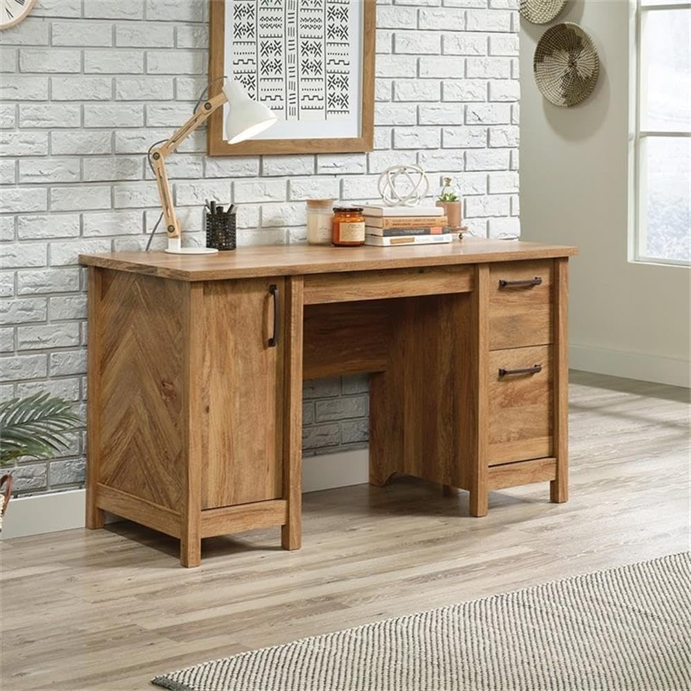 Pemberly Row Coastal Engineered Wood Computer Desk in Sindoori Mango/Brown - Modern Home Office Desk for Small Spaces, Remote Work & Study - Durable Writing Table with Storage Shelf
