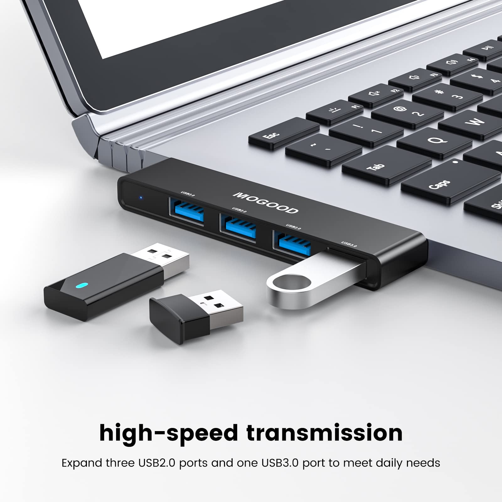 MOGOOD Ultra-Slim USB 3.0 Hub - 4-Port USB Splitter & Expander for Laptop, PC, Mac (No Charging) | High-Speed Data Transfer for Printer, Flash Drive, External HDD | Perfect for Home Office & Workspace Setup