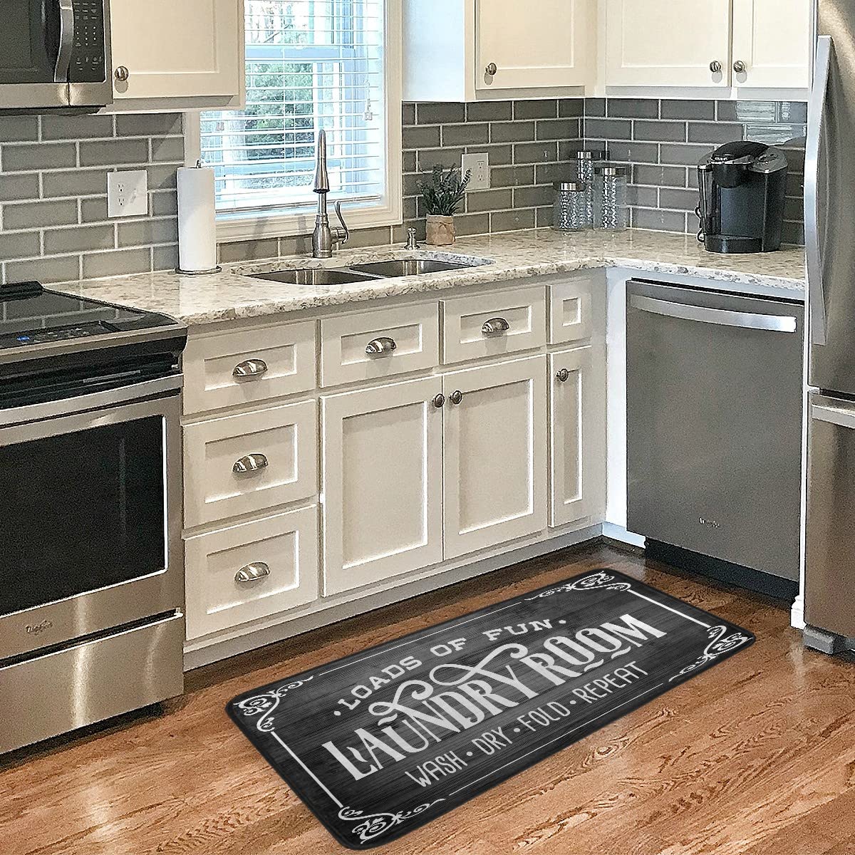 Farmhouse Style Laundry Room Mat - Non-Slip Washable Rug with Dark Wood Background (39x20 Inches) - Perfect for Laundry Room Floor, Mudroom Entryway & Farmhouse Decor