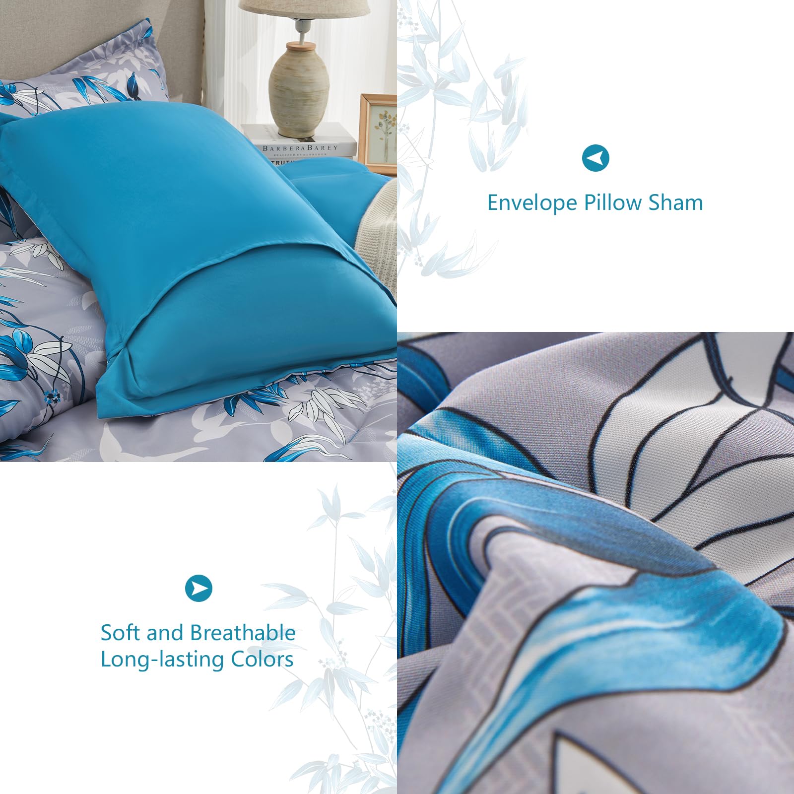 Premium 7-Piece Queen Comforter Set - Soft Lightweight Botanical Leaf Pattern Bedding with Comforter & Sheets | All-Season Blue Bed in a Bag | Perfect for Master Bedroom, Guest Room & Dorm Decor