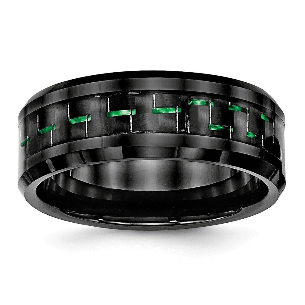 Black Ceramic Wedding Band Ring with Green Carbon Fiber Inlay - Comfort Fit Beveled Edge for Men - Perfect for Engagement, Anniversary & Everyday Wear