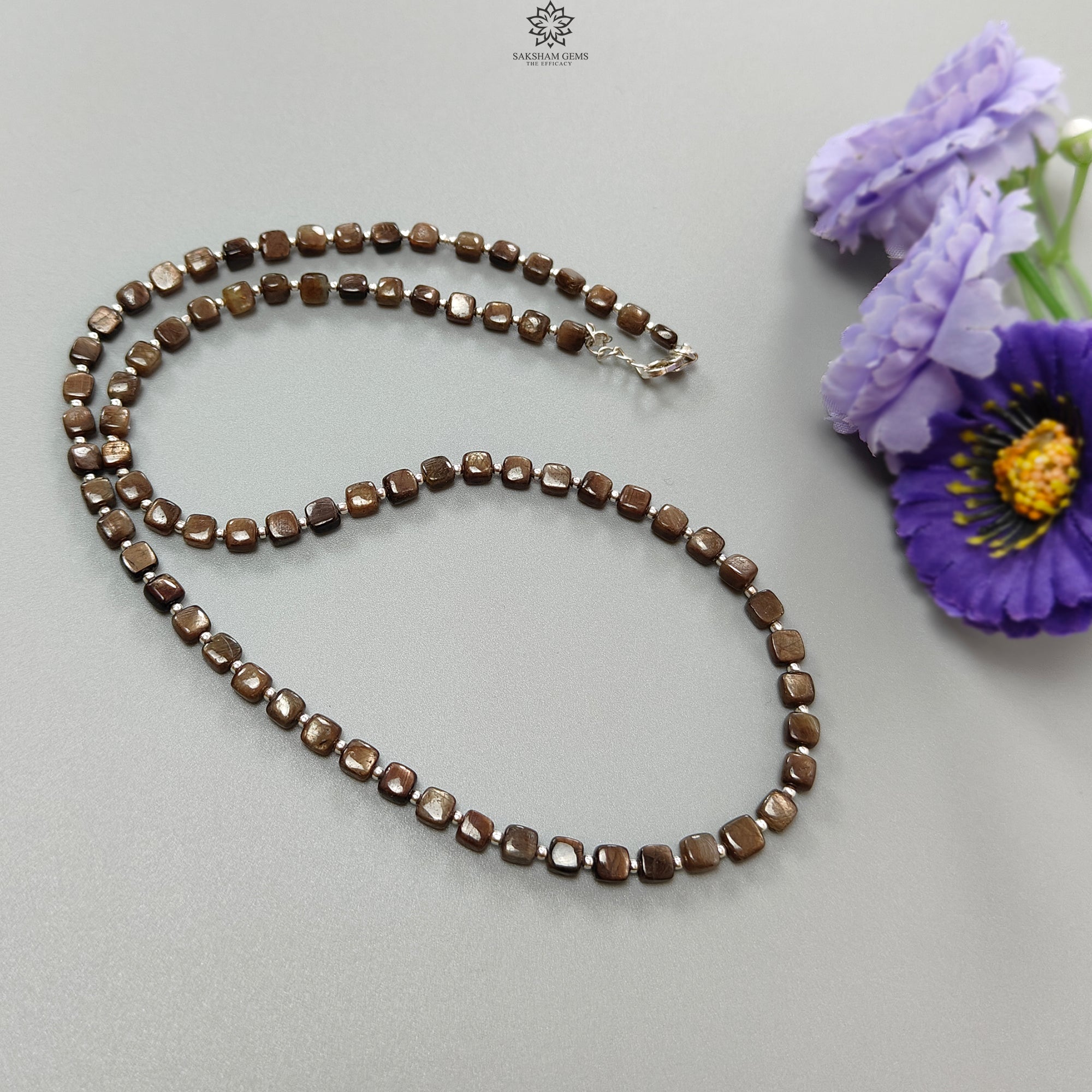 Natural Golden Brown Chocolate Sapphire Gemstone Beads Necklace - 15.75gms Cushion Cut 925 Sterling Silver Jewelry (4mm, 19