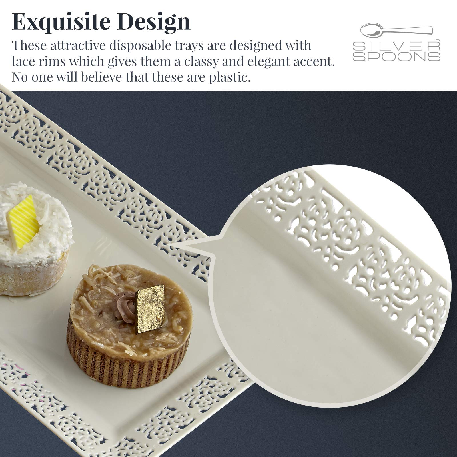 Elegant Lace Plastic Serving Trays Set of 6 - 14” x 7.5” Disposable Party Platters for Snacks, Desserts, Sweets - Ivory - Perfect for Weddings, Baby Showers, Bridal Showers & Birthday Celebrations