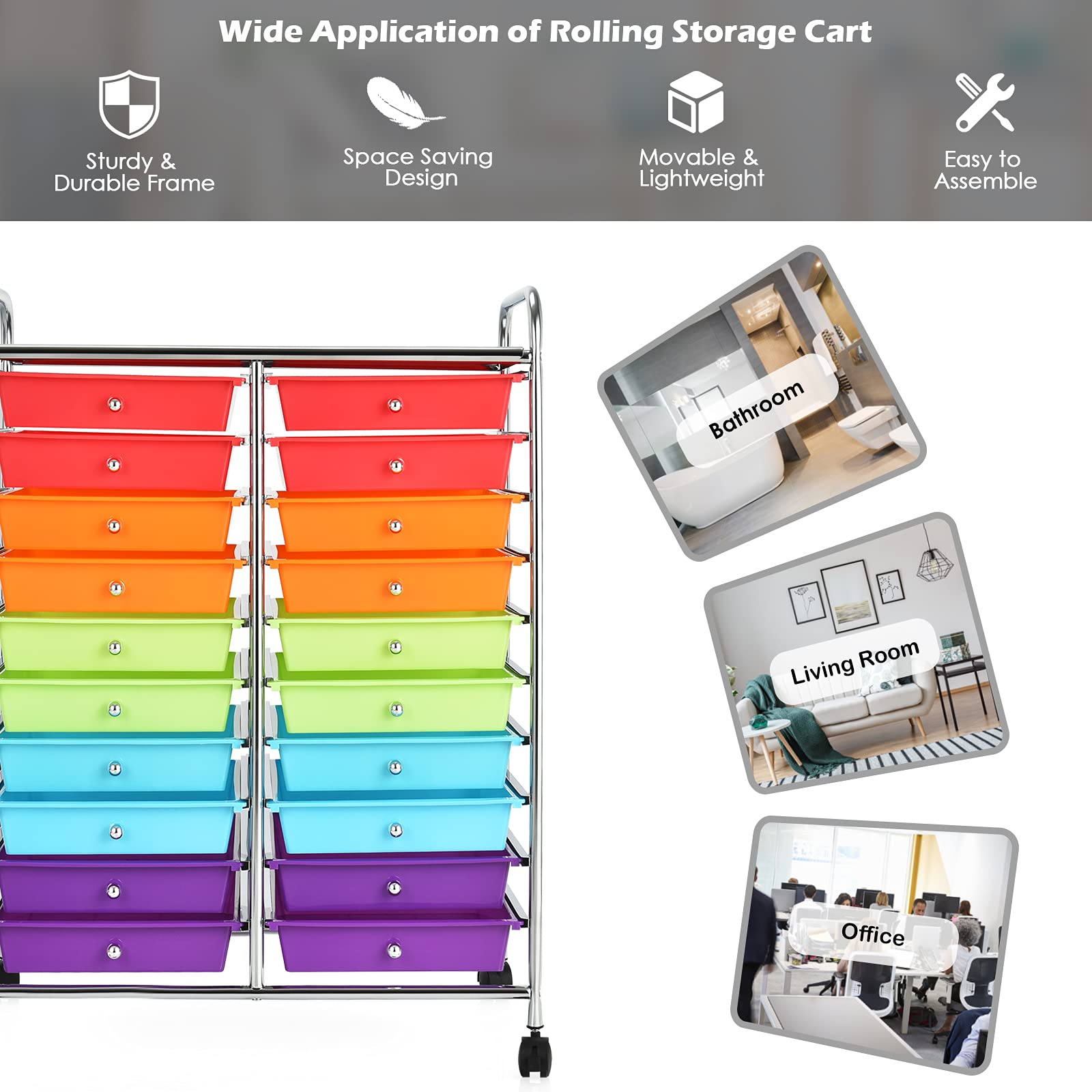 20-Drawer Rolling Storage Cart with Removable Drawers - Heavy Duty Metal Frame Mobile Utility Organizer for Art Supplies, Office, Classroom & Home Use - Perfect for Craft Rooms, Teacher Supplies & Closet Organization (Multicolor)