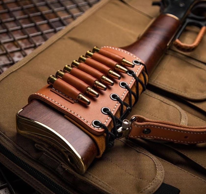 Premium Leather Rifle Butt Cuff Ammo Carrier - 6 Loop Design for 45-70 Cartridges - Natural Oil Finish - Perfect for Hunting, Shooting Range & Outdoor Adventures - Diamond D Leather