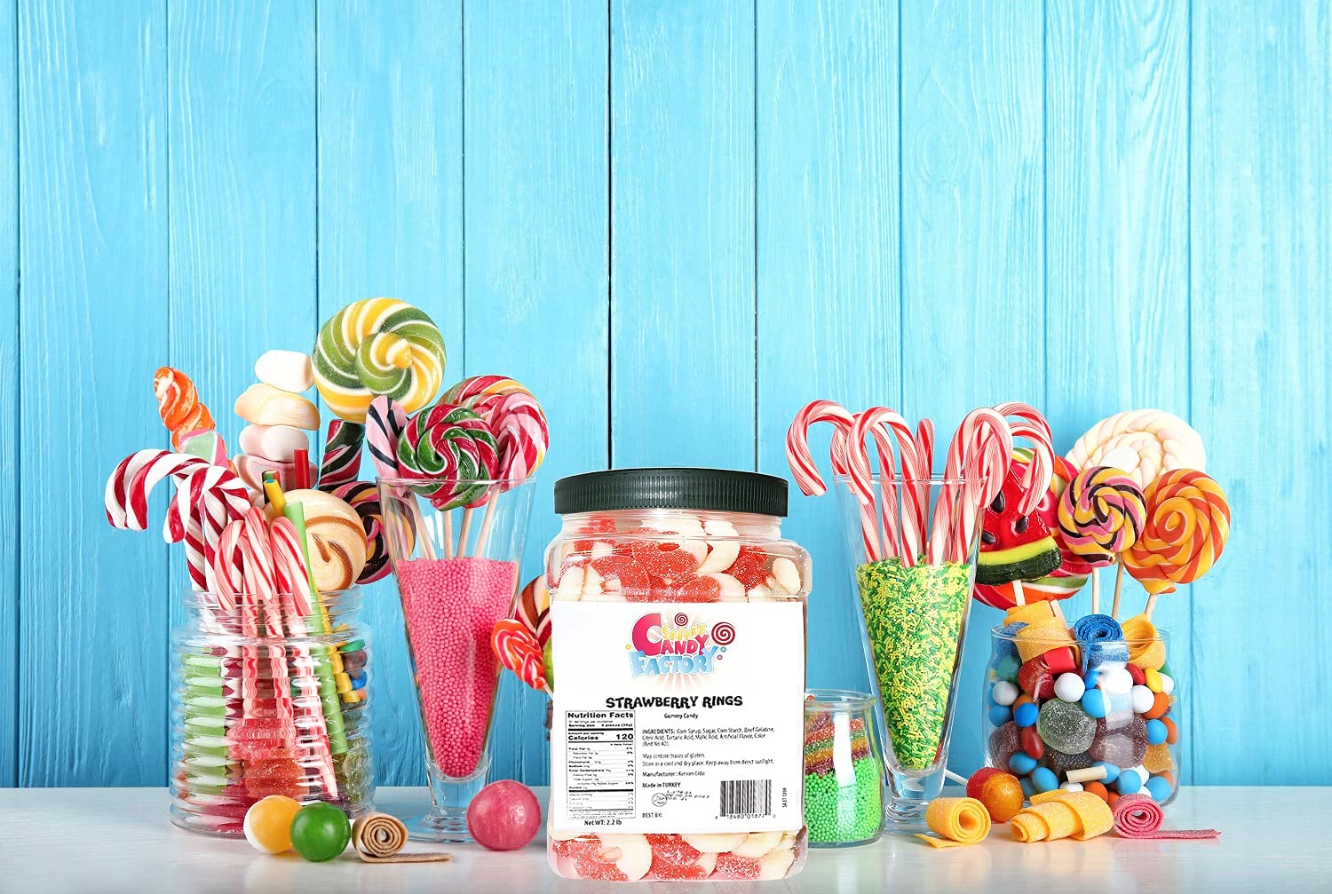 Sarah's Candy Factory Strawberry Gummy Rings in Resealable Jar - 2.2 Lbs Bulk Candy for Parties, Movie Nights & Office Snacks | Sweet & Chewy Treat for Kids & Adults