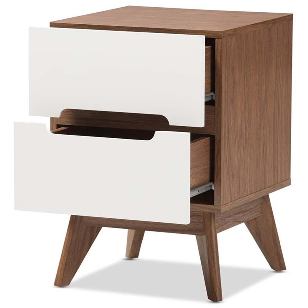 BOWERY HILL Mid-Century Modern 2-Drawer Nightstand - White & Walnut Wood Bedside Table for Bedroom Furniture with Storage