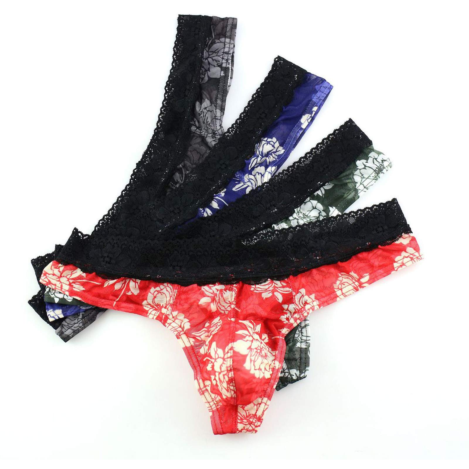 4 Pack Men's Sexy Lace Thong G-String Underwear - Floral Design with Pouch, T-Back & See-Through Panties for Sensual Wear & Intimate Moments