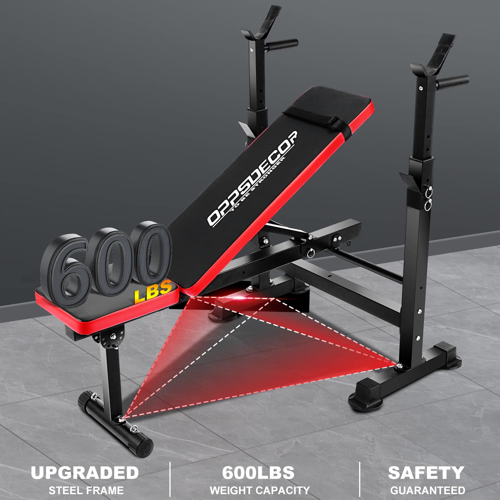 OPPSDECOR 8-in-1 650lbs Adjustable Weight Bench Press Set with Squat Rack, Olympic Workout Bench, Leg Developer & Preacher Curl - Foldable Home Gym Equipment for Strength Training & Full Body Workouts