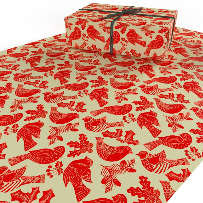Christmas Folk Robins Red Wrapping Paper - Premium Holiday Gift Wrap for Presents, Gifts, and Party Decorations - Perfect for Christmas, Birthdays, and Special Occasions