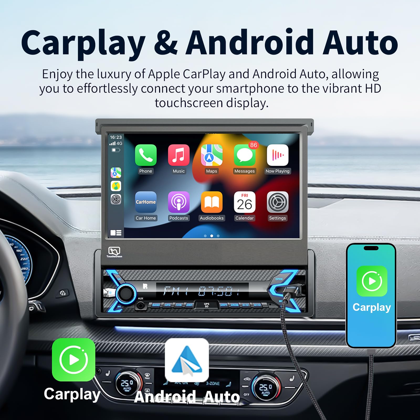 2025 7-Inch Motorized Flip-Out Single Din Car Stereo with Wireless Apple CarPlay & Android Auto - Bluetooth, HD Touchscreen, Backup Camera, USB/SD/AUX Input, AM/FM Radio, Subwoofer & DSP Support | Perfect for Road Trips, Commuting & Hands-Free Navigation