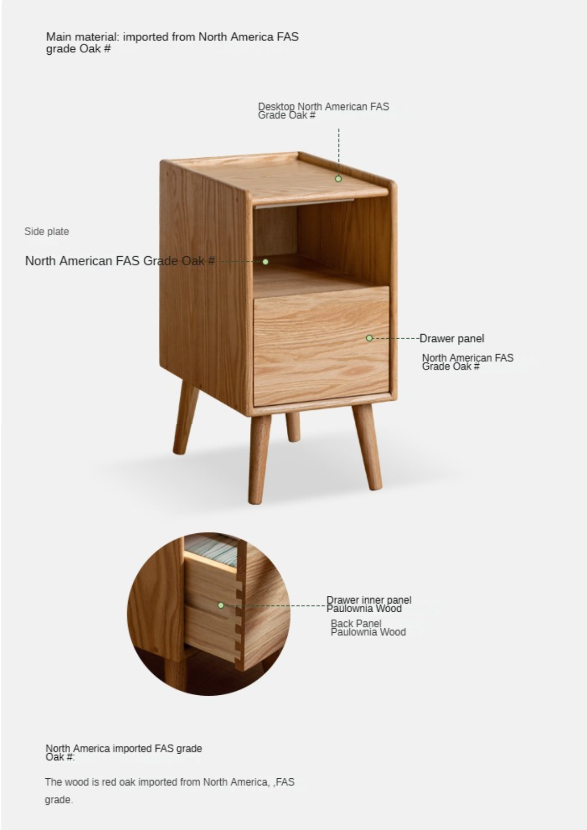 Solid Wood Ultra Narrow Nightstand - Oak, Rubber, Cherry - Perfect for Small Bedrooms, Apartments & Tight Spaces
