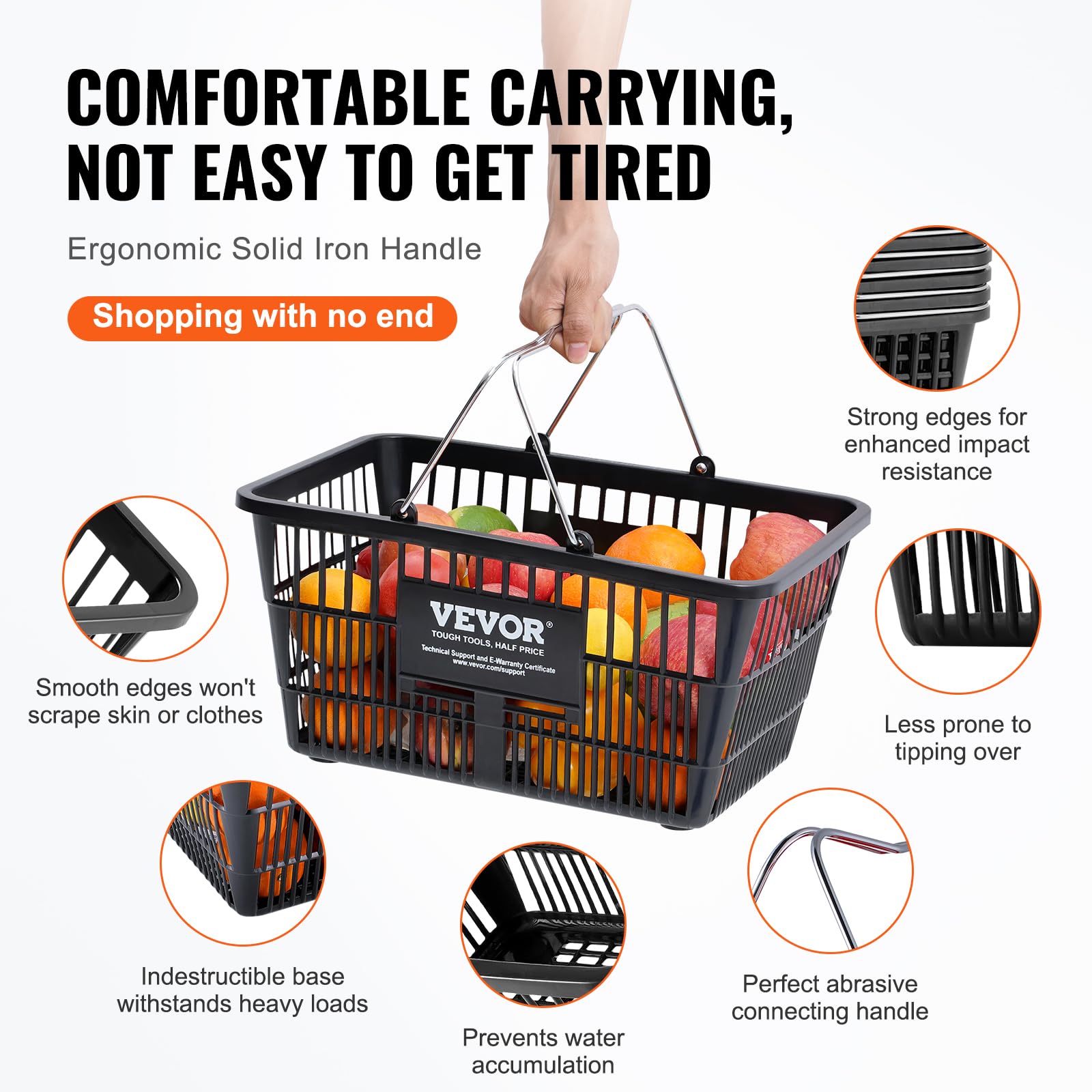 VEVOR 12-Pack 21L Durable Plastic Shopping Baskets with Metal Handles & Stand - 16.73 x 12.01 x 8.58 Inch Portable Grocery Baskets for Retail Stores, Supermarkets & Shopping - Perfect for Quick Checkouts & Organized Displays (Black)