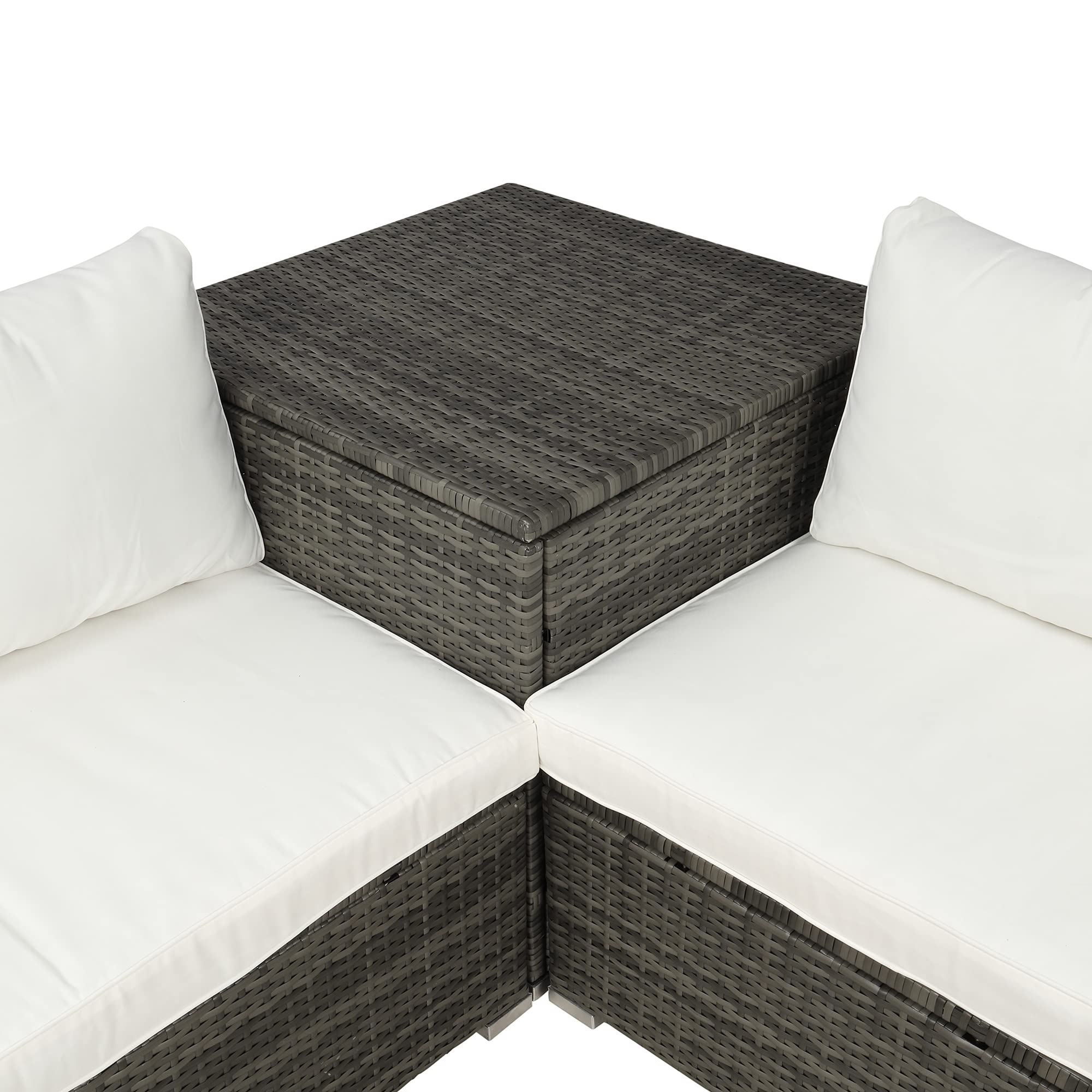 4-Piece Outdoor Cushioned PE Rattan Wicker Sectional Sofa Set with Coffee Table & Storage Ottoman - Waterproof Patio Furniture for Garden, Backyard, Poolside (Beige) - Perfect for Relaxing, Entertaining & Outdoor Lounging
