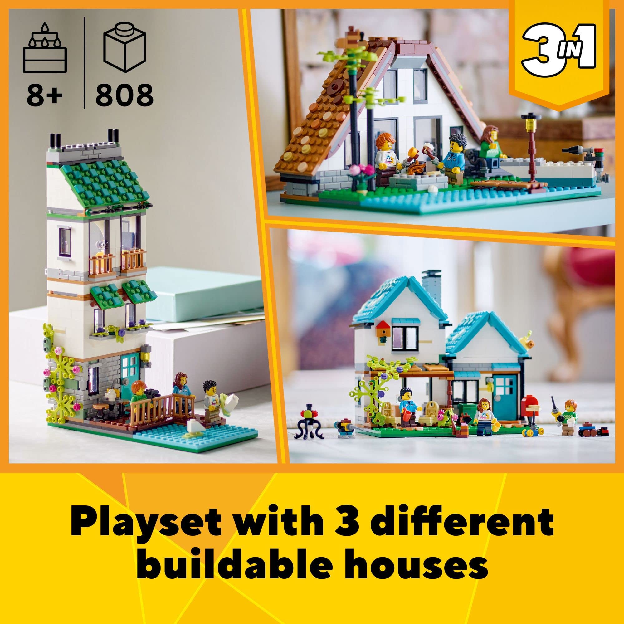 LEGO Creator 3 in 1 Cozy House Building Kit - Build 3 Different Houses with Family Minifigures & Accessories | Creative DIY Construction Toy for Kids, Boys & Girls Ages 6+ | Perfect for Indoor Play, Birthday Gifts & STEM Learning (Model 31139)