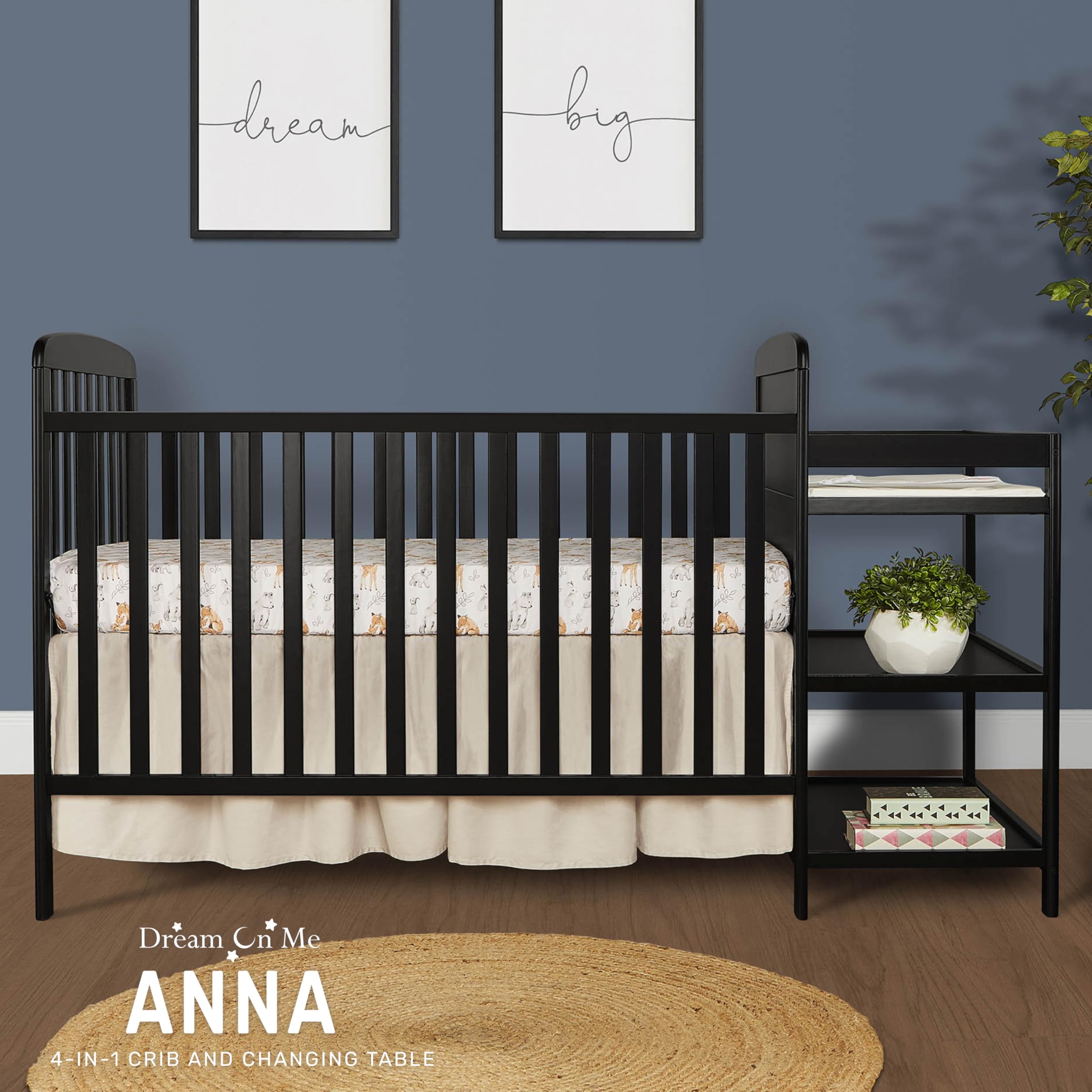 Dream On Me Anna 3-in-1 Convertible Crib with Changing Table - GREENGUARD Gold Certified, Non-Toxic Black Wooden Nursery Furniture with 1