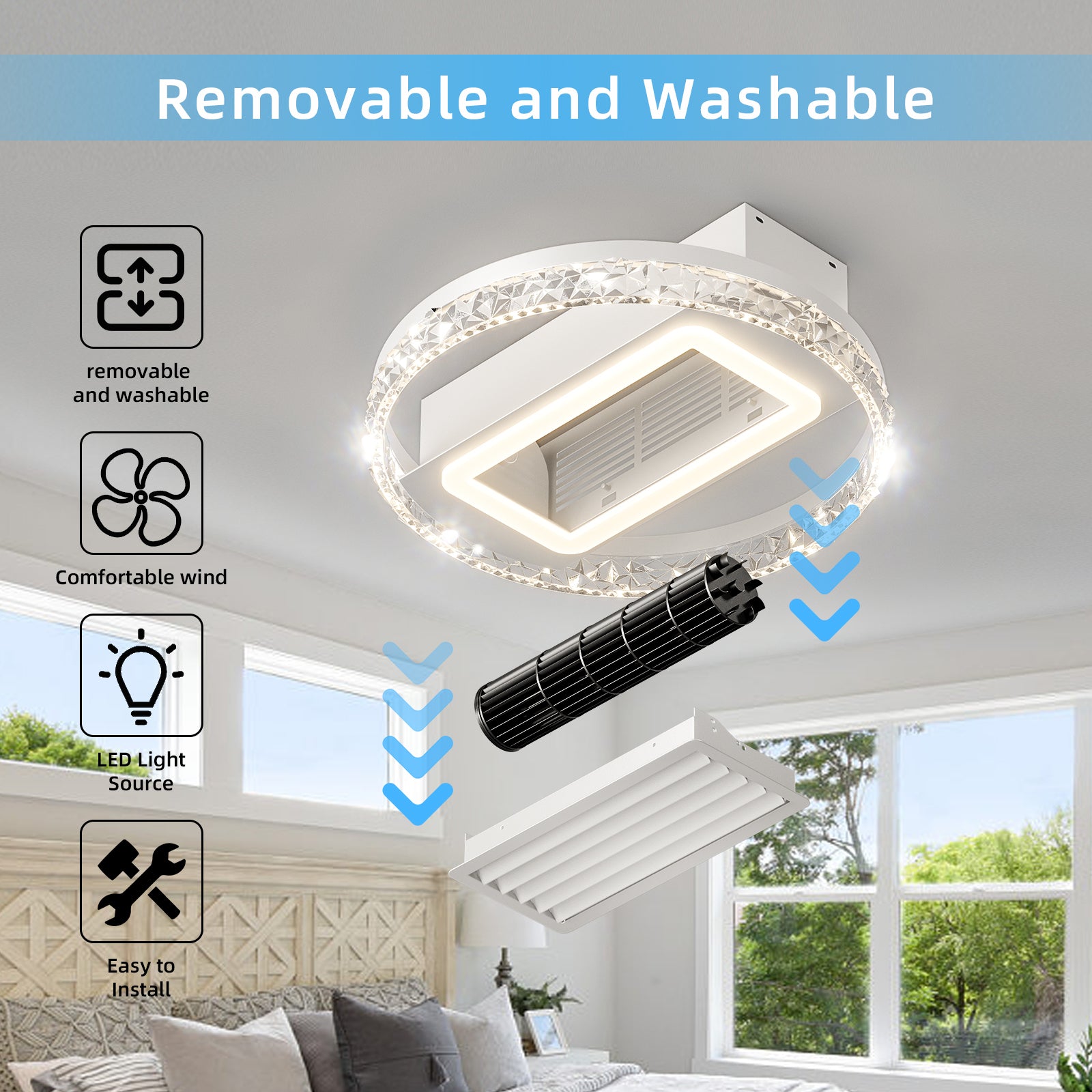 20 Inch Modern Leafless Ceiling Fan with Remote Control - Reversible Motor, Removable & Washable Blades - Perfect for Living Room, Bedroom, and Office Spaces
