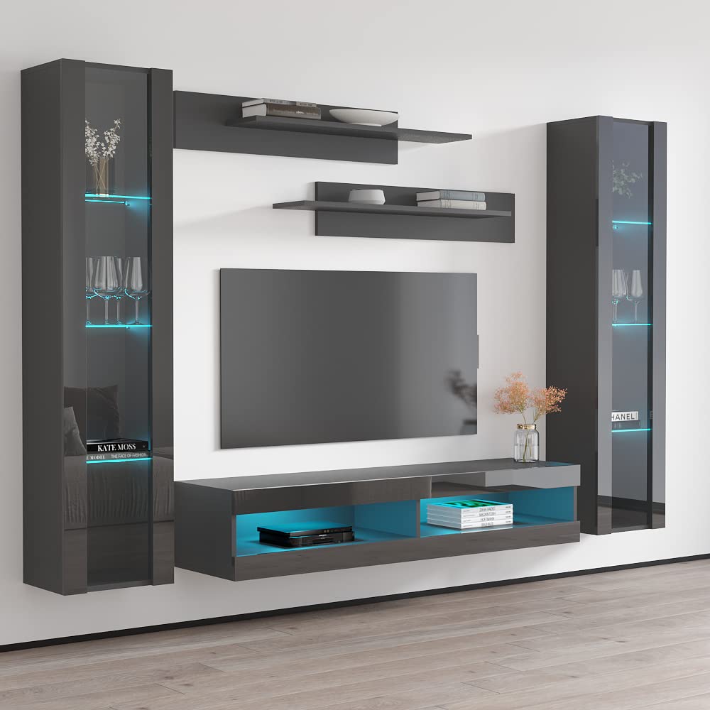 Modern Floating TV Stand with Storage & LED Lights - Wall-Mounted Entertainment Center for Bedroom & Living Room - Grey Meble Furniture Fly AB3 34