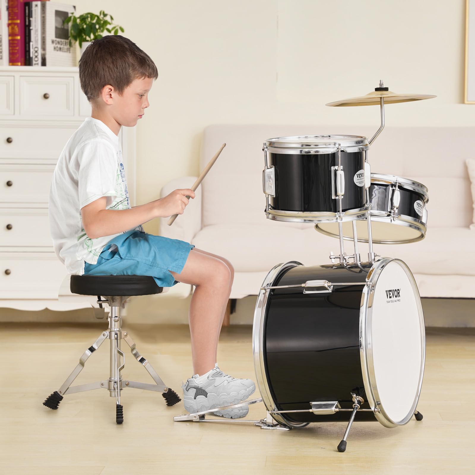 VEVOR Kids Drum Set 3-Piece Junior Beginner Drum Kit with Adjustable Throne, Sticks, Cymbal & Pedal - 14 Inch Black Tom Snare Bass Starter Drum Set for Children | Perfect for Home Practice, Music Lessons & Birthday Gifts
