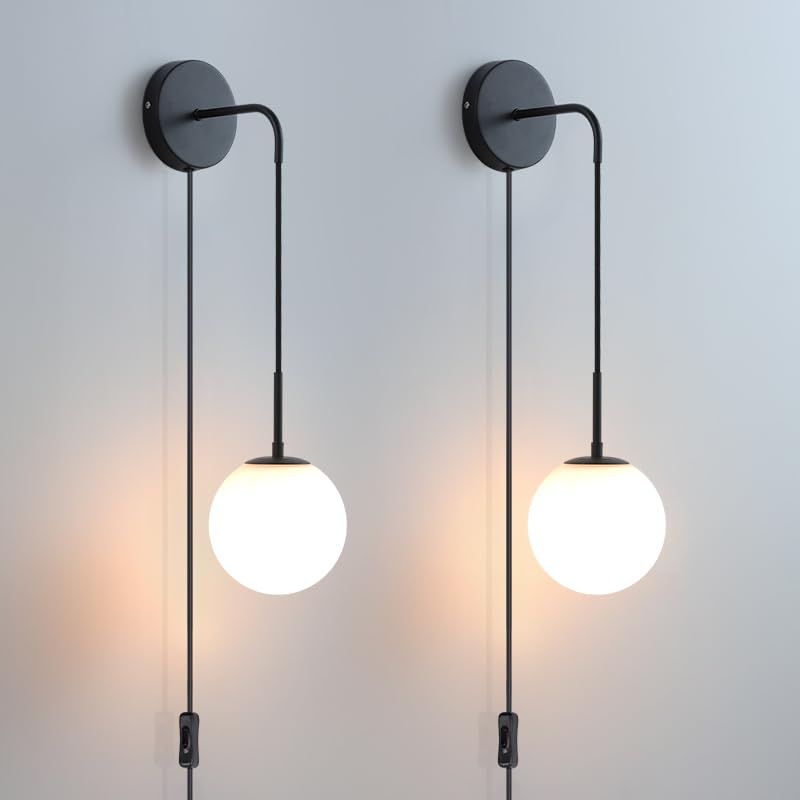Set of 2 Plug-in Wall Sconces - Matte Black Wall Lamps with On/Off Switch & Globe Glass Shade - Indoor Hanging Wall Mounted Lights for Bedroom, Living Room & Hallway Decor