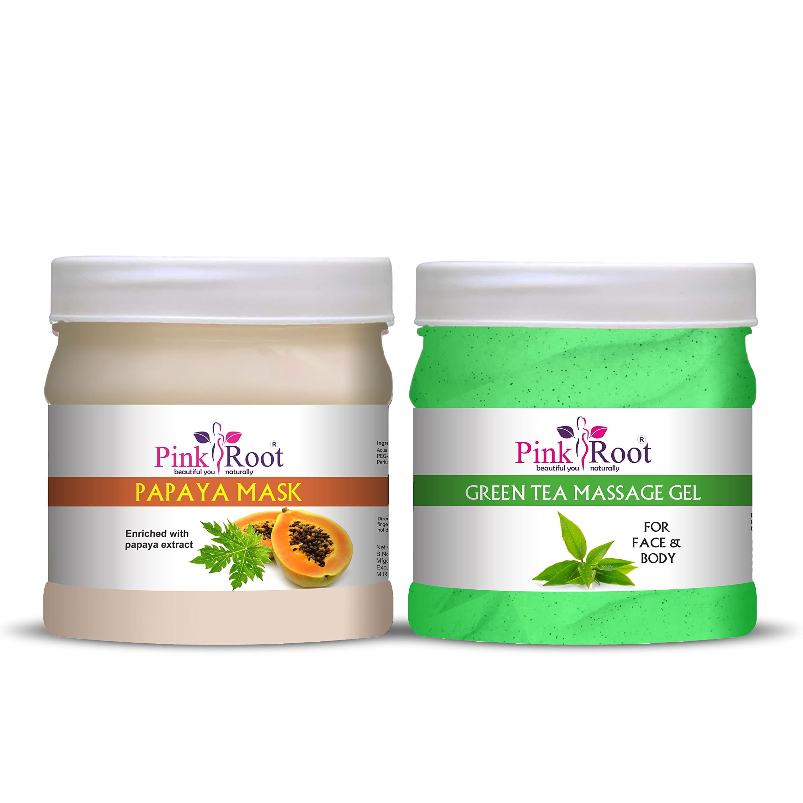 Organic Pink Root Green Tea Massage Gel & Papaya Face Mask Set - 500ml Each - Hydrating Skin Care for Relaxation & Anti-Aging - Perfect for Spa Day, Self-Care Routine & Gift Giving