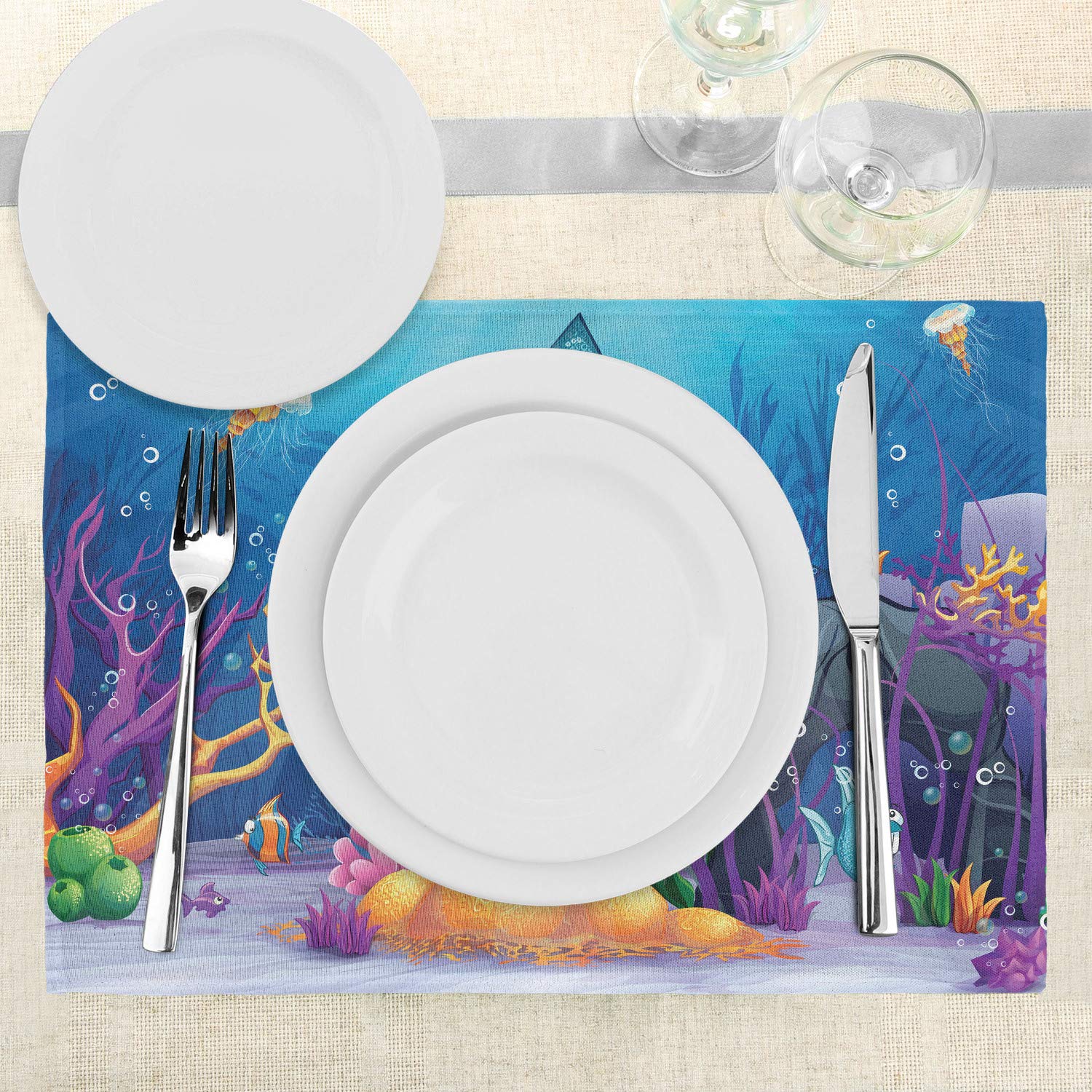 Ambesonne Ocean Themed Place Mats Set of 4 - Sealife Navy Fish, Moss Shells & Sunbeams Cartoon Print Washable Fabric Placemats for Dining Table Decor | Perfect for Beach House, Coastal Kitchen or Nautical Themed Parties