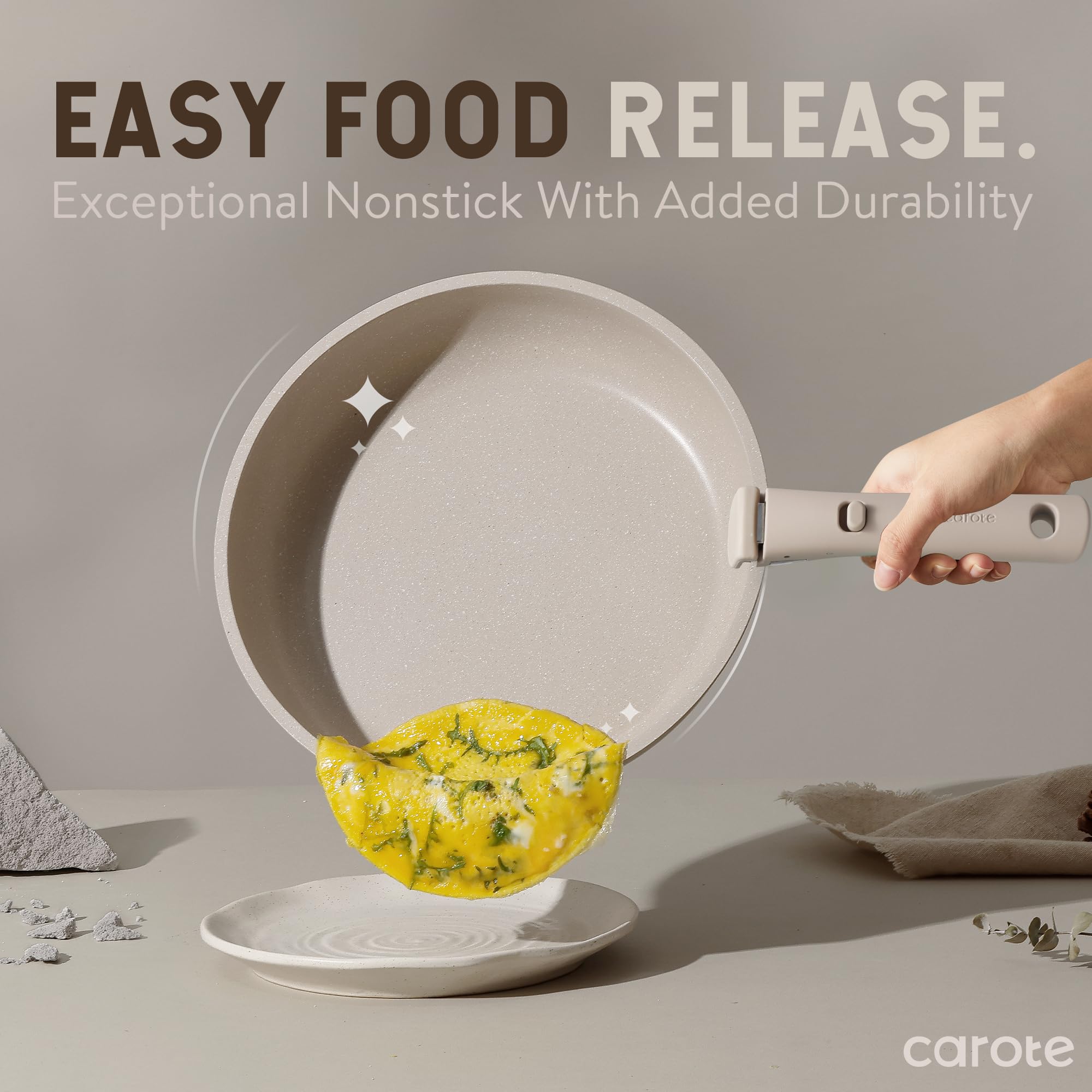CAROTE 23-Piece Nonstick Cookware Set with Detachable Handles - Induction Compatible, RV & Oven Safe Pots and Pans - Dishwasher Safe Taupe Kitchen Set for Camping, Small Spaces & Everyday Cooking