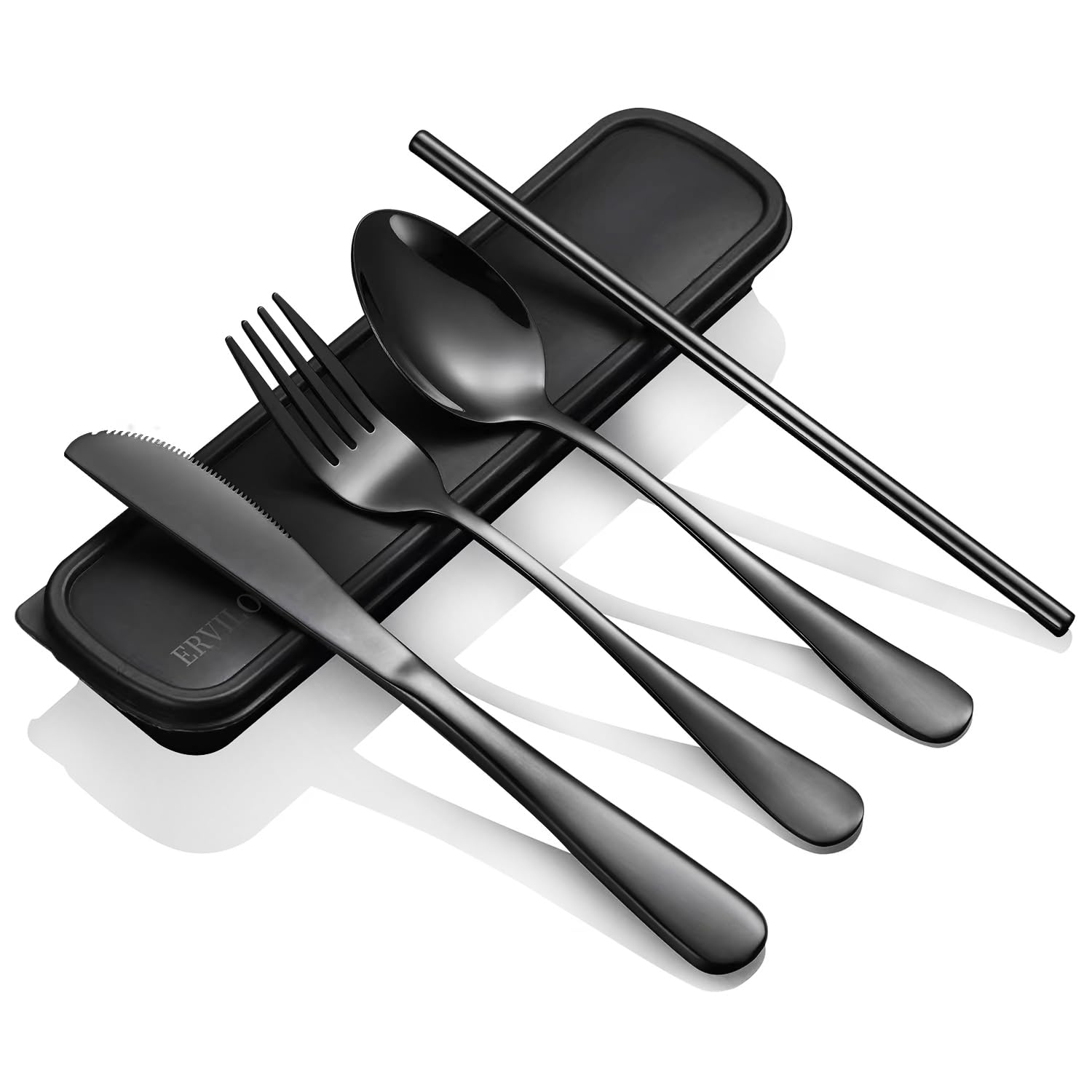 **Portable Stainless Steel Travel Utensil Set with Case - Reusable Fork, Spoon & Knife for Camping, School, Picnic, Office & Lunch Box - Dishwasher Safe & Easy to Clean (Black)**    **Usage Scenarios:** Perfect for outdoor adventures, daily commutes, workplace meals, school lunches, picnics, and eco-friendly dining on the go.