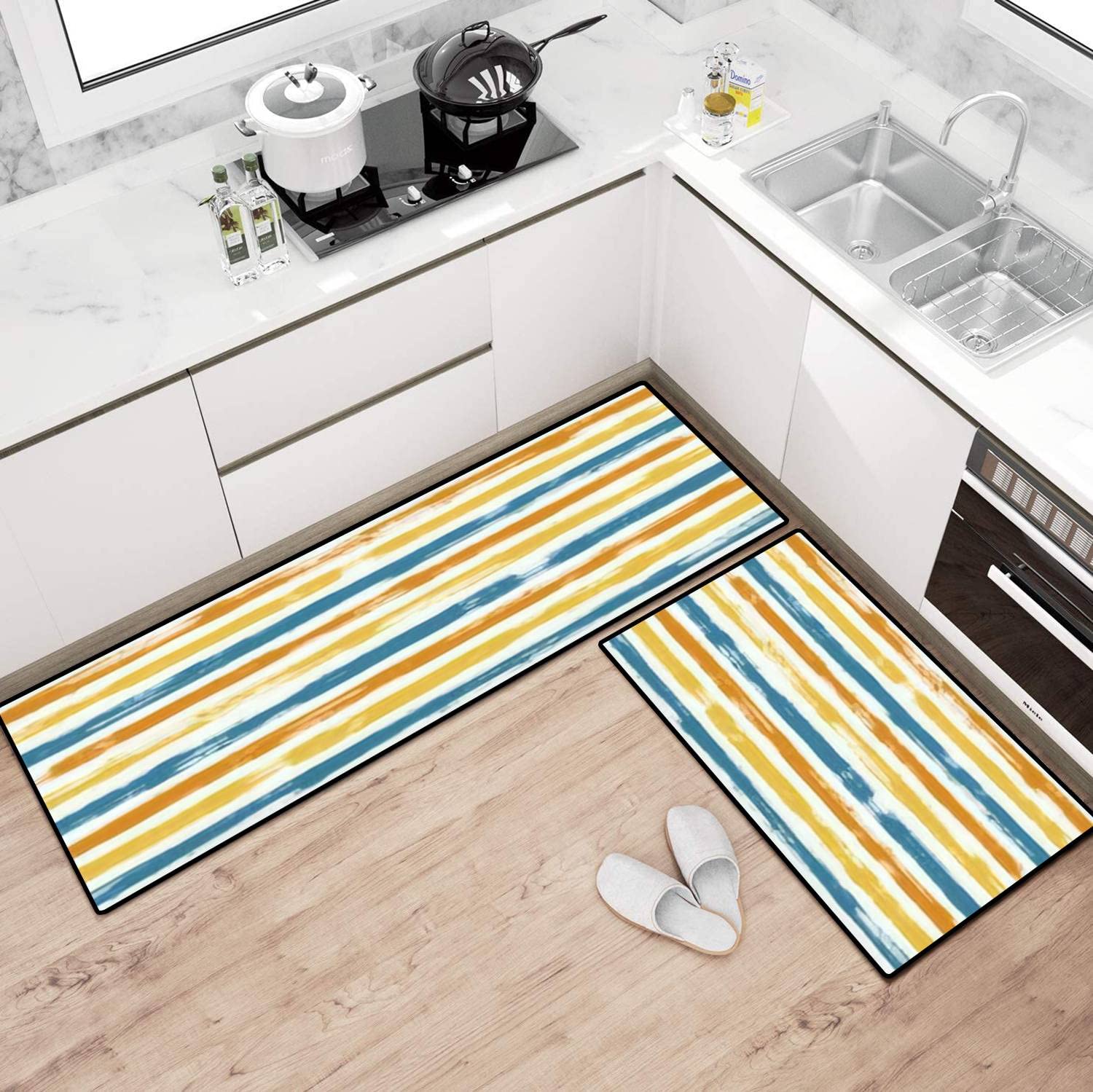 Watercolor Stripes Non-Slip Kitchen Rugs - Washable Floor Mats for Cooking Comfort