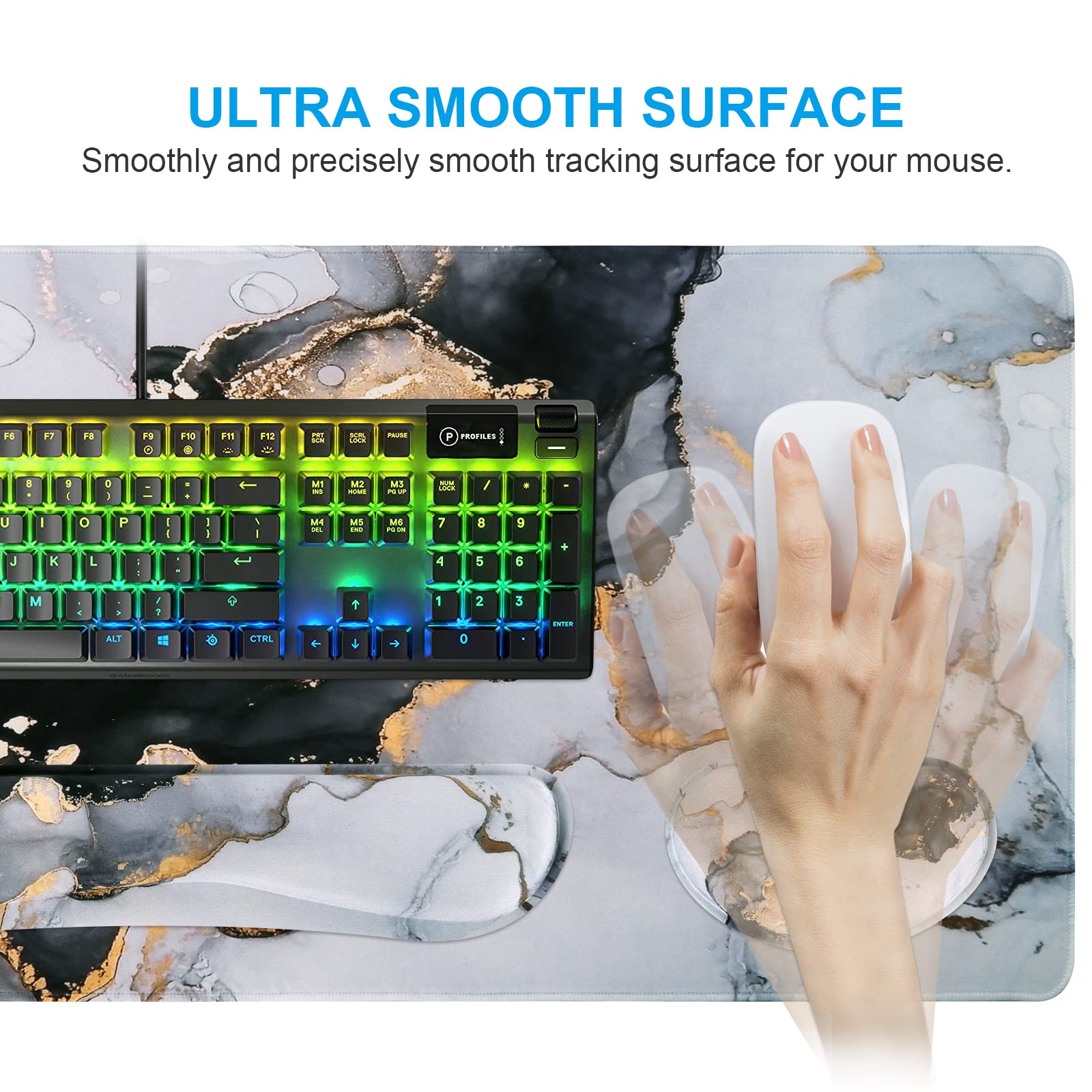 iCasso XXL Gaming Desk Mat with Memory Foam Wrist Rest - 3-in-1 Large Mouse Pad, Keyboard Pad & Ergonomic Support (35.4x15.7in) Ultra Thick Grey Ink Marble Design - Perfect for PC Gaming, Office Work & Pain-Free Typing