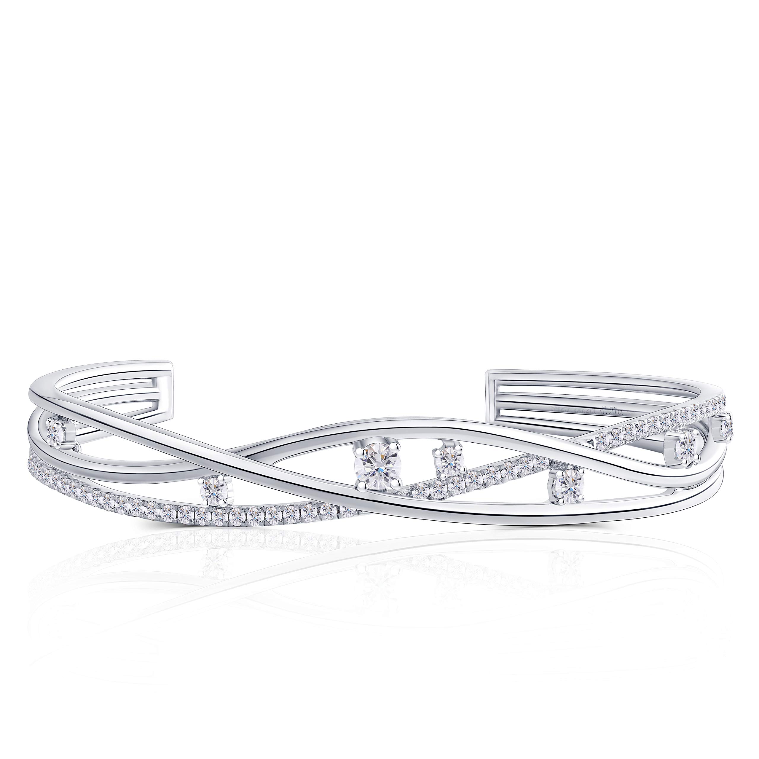 DovEggs Platinum Plated Silver 1.77ct Moissanite Bracelet for Women - 4mm G-H-I Color Round Cut Adjustable Bangle with Accent Stones | Elegant Jewelry Gift for Anniversary, Birthday & Special Occasions