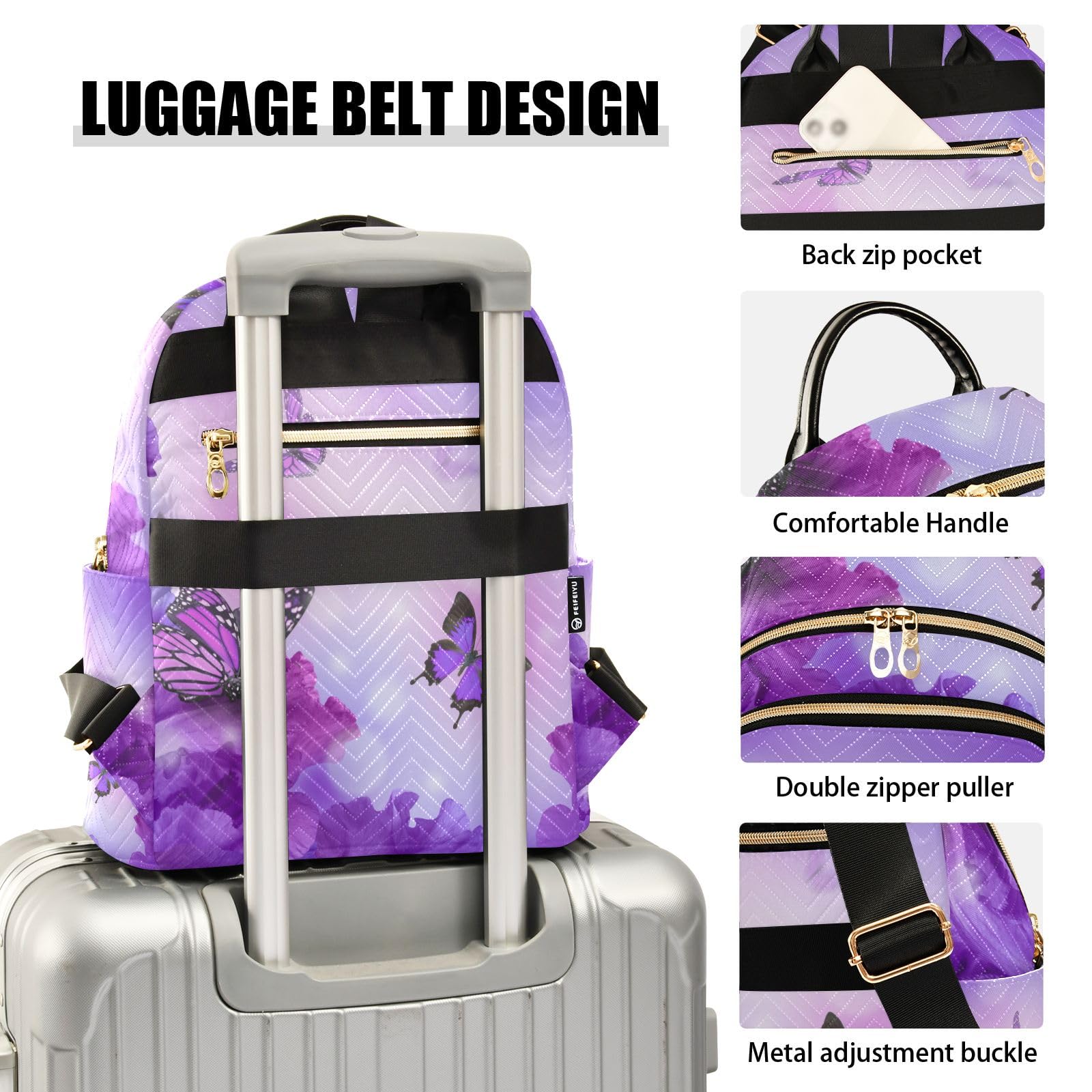 ALAZA Women's Anti-Theft Travel Backpack Purse - Stylish Butterfly Purple Flower Design for Work, Casual & Day Trips - Medium Size Shoulder Bag Perfect for Commuting, Shopping & Weekend Getaways