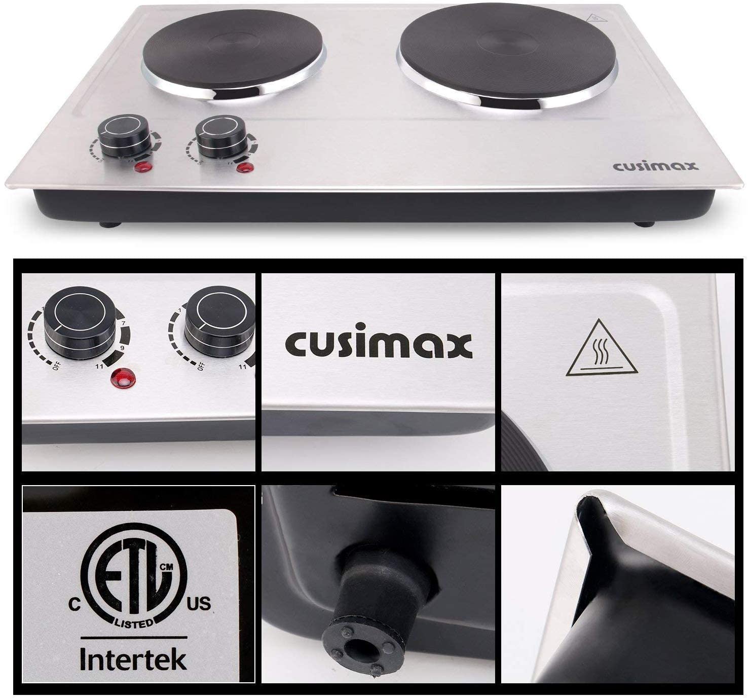 CUSIMAX 1800W Double Burner Electric Hot Plate - Stainless Steel Portable Cooktop with Cast Iron Heating Plates | Easy Clean Countertop Burner for Home, Office & Camping Cooking | Upgraded Version C180N