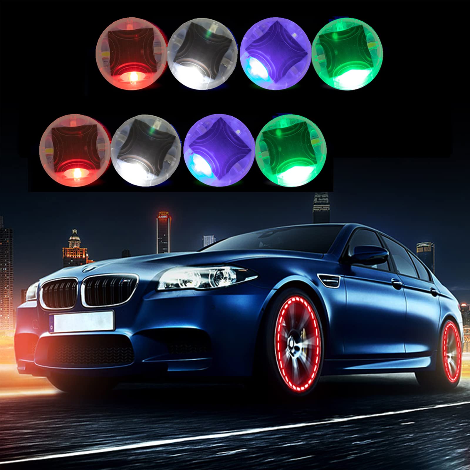 8PCS Solar Powered LED Car Wheel Tire Valve Cap Lights - Motion Sensor Colorful Flashing Air Valve Lights for Cars, Bicycles & Motorcycles - Enhance Night Visibility & Style for Safe Driving