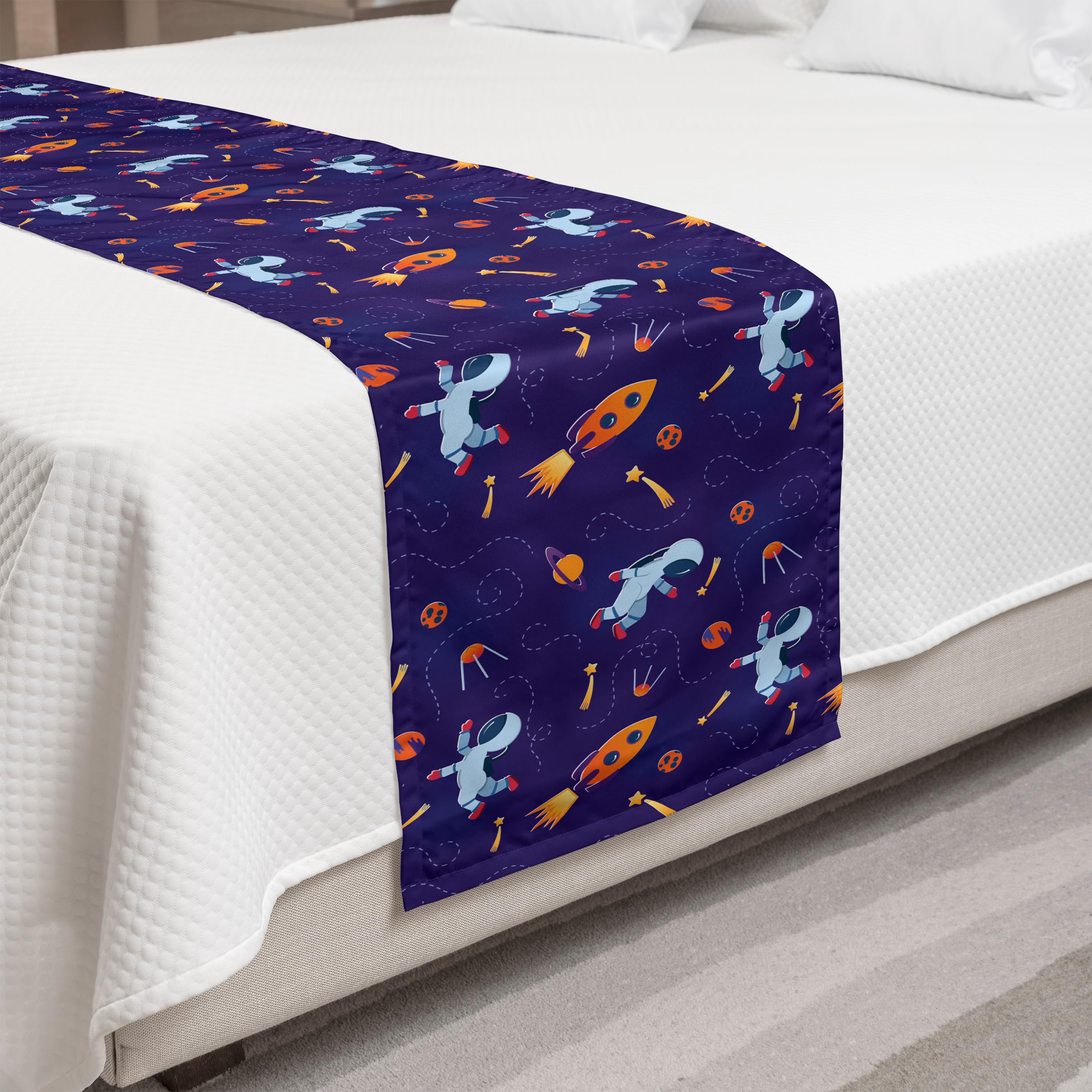 Ambesonne Galaxy Bed Runner - Cartoon Astronauts, Rockets & Planets Outer Space Pattern - Decorative Bedding Scarf for Home, Hotel & Guestroom Decor - Indigo Multicolor - Perfect for Space-Themed Bedrooms & Kids' Rooms
