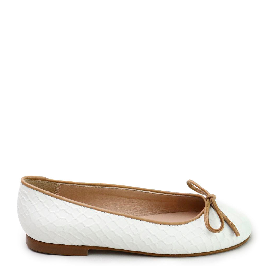 White and Brown Bow Flat Shoes for Women - Elegant Casual Flats for Work, Office, and Everyday Wear