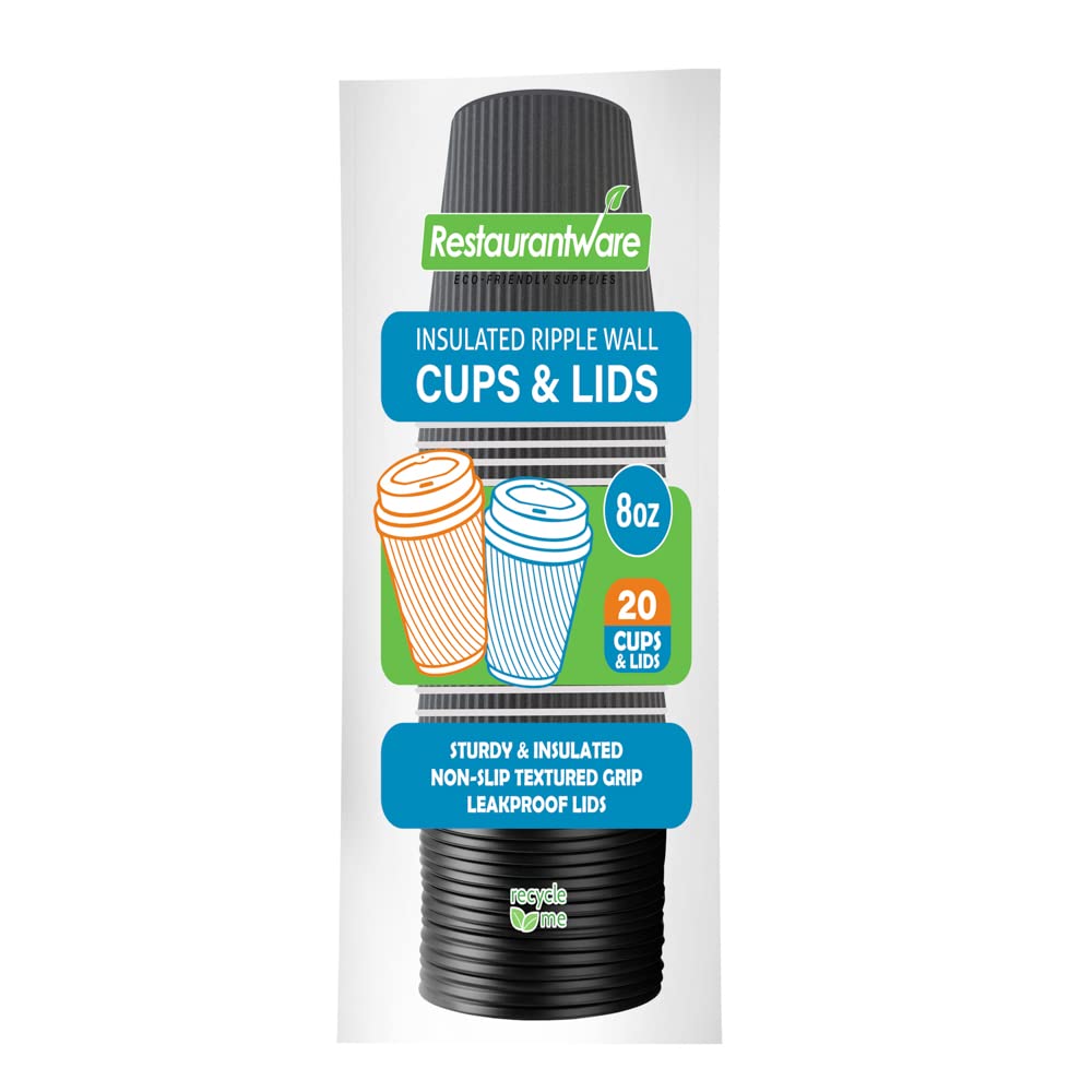8oz Insulated Coffee Cups with Lids (20 Pack) - Leakproof & Non-Slip Gray Disposable Paper Cups for Hot Beverages - Perfect for Coffee, Tea, Hot Cocoa & Lattes at Cafes, Offices or Home Use